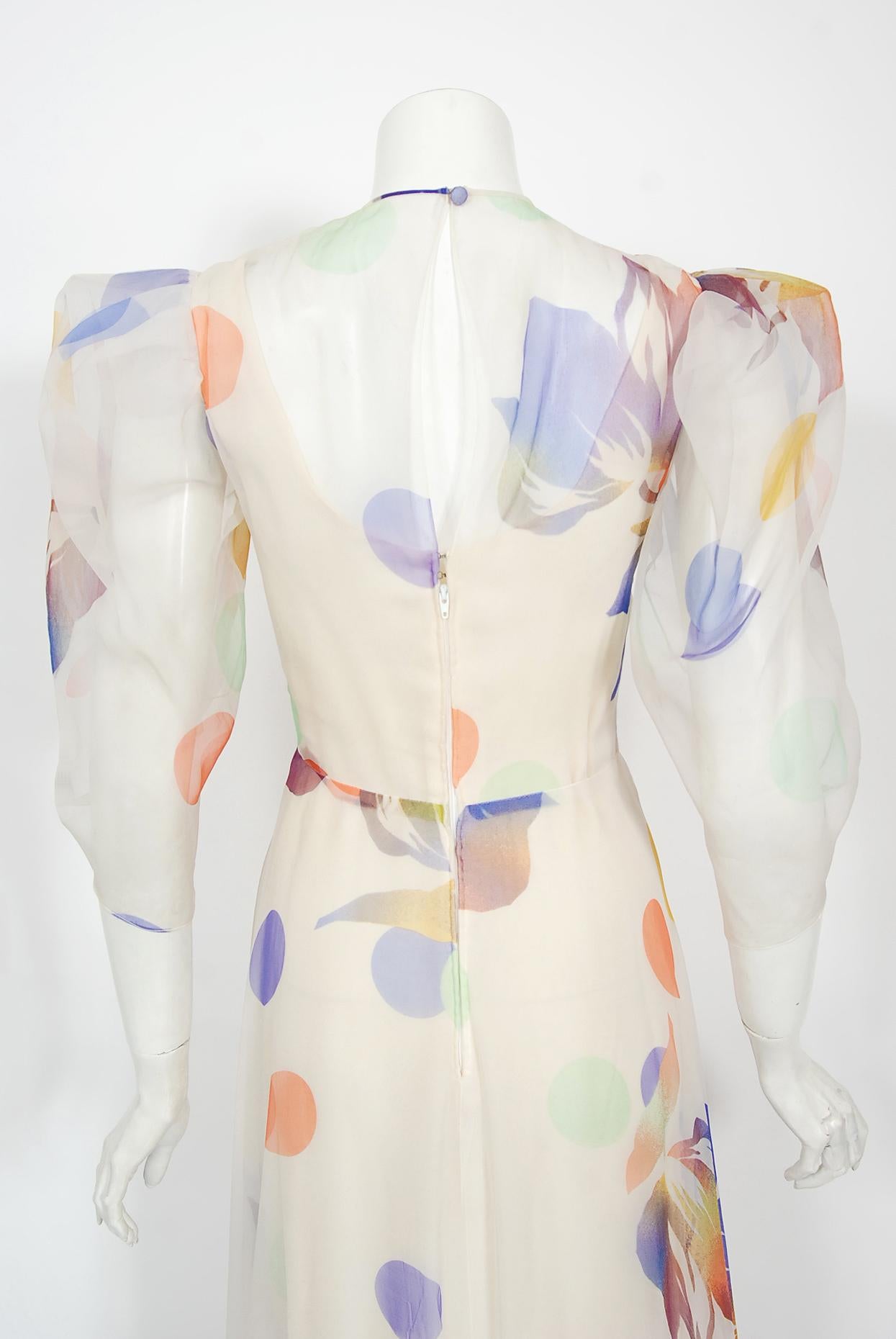 Vintage 1970's Stavropoulos Couture Colorful Floral Print Silk Puff-Sleeve Gown For Sale 6