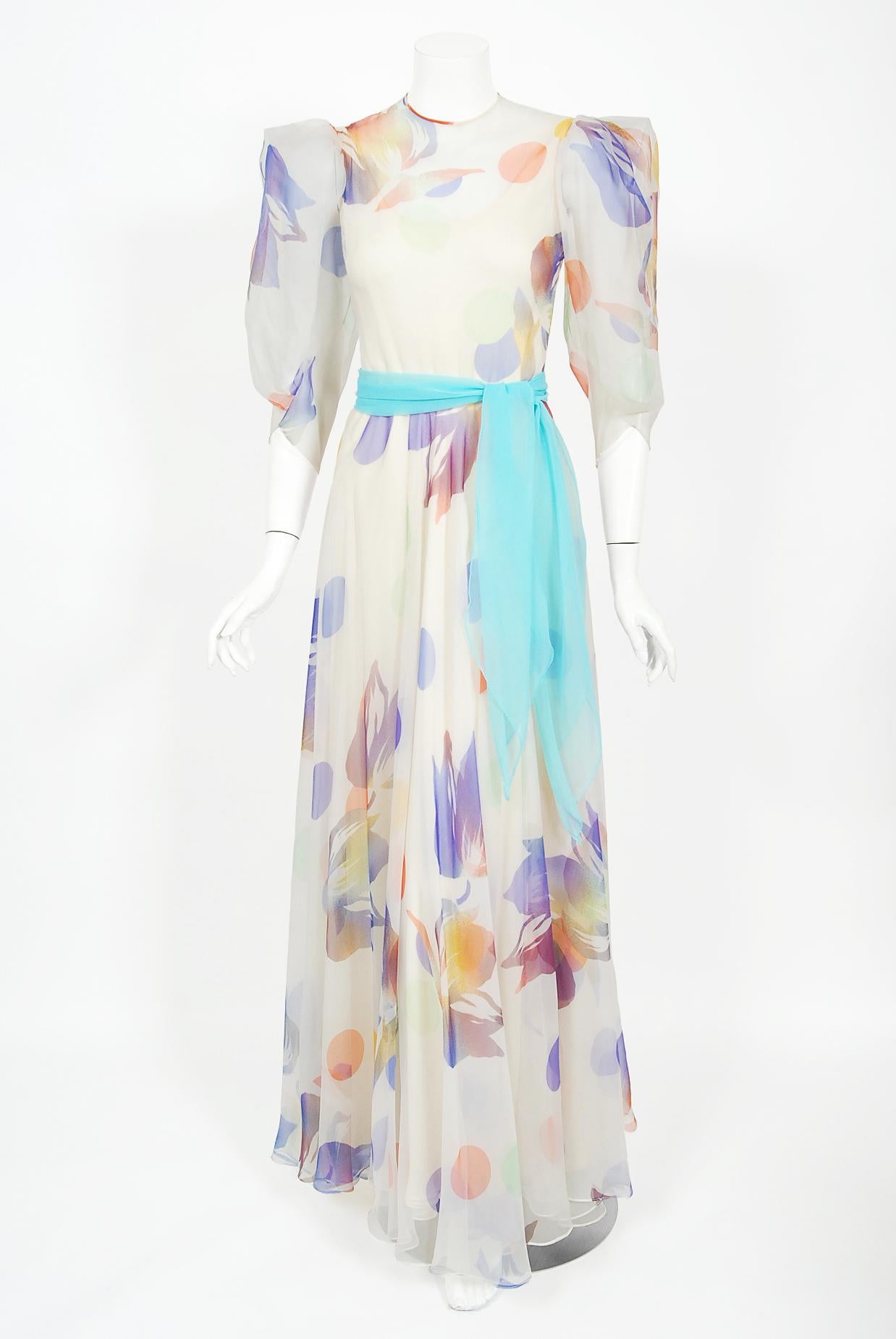 Vintage 1970's Stavropoulos Couture Colorful Floral Print Silk Puff-Sleeve Gown In Good Condition For Sale In Beverly Hills, CA