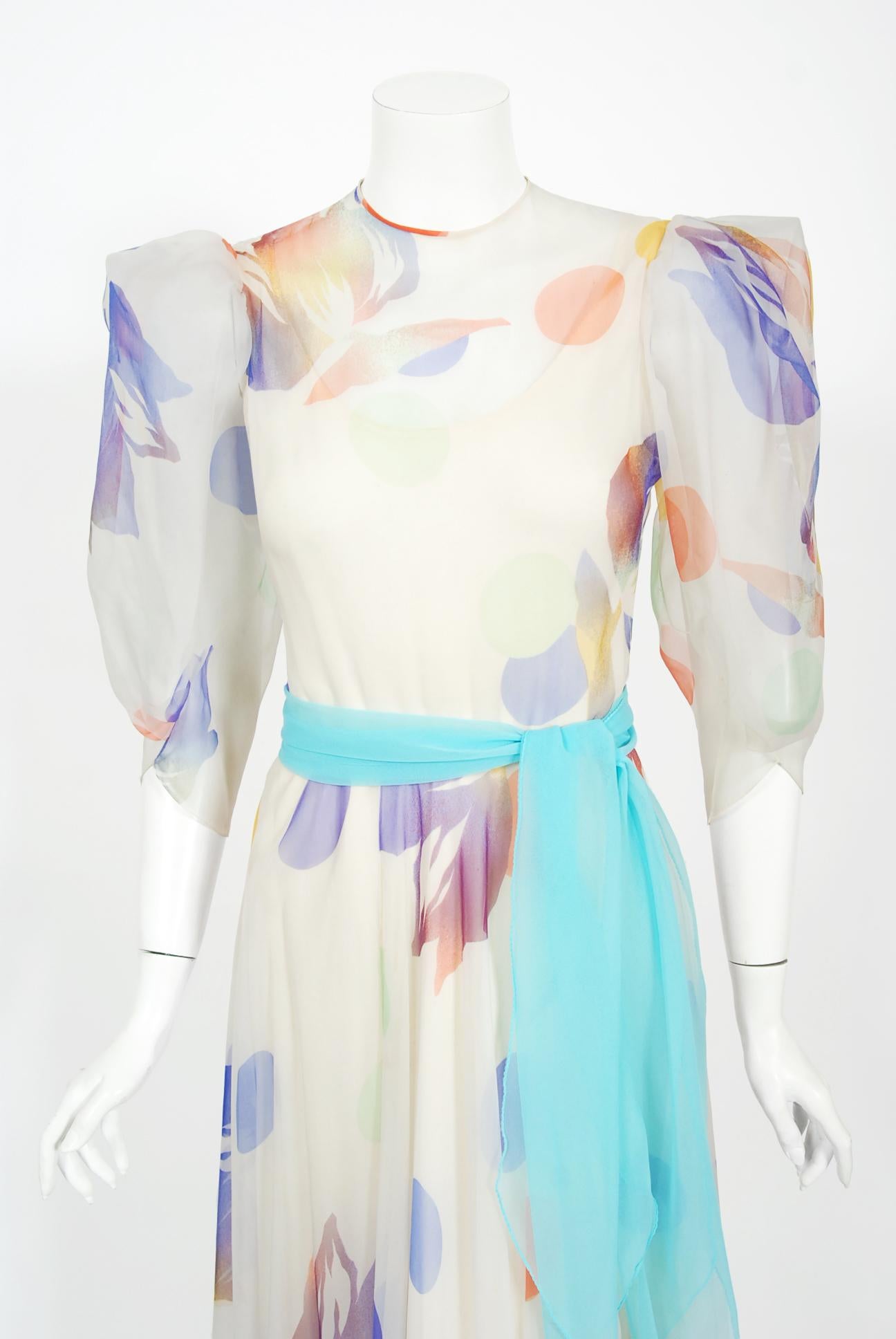 Women's Vintage 1970's Stavropoulos Couture Colorful Floral Print Silk Puff-Sleeve Gown For Sale