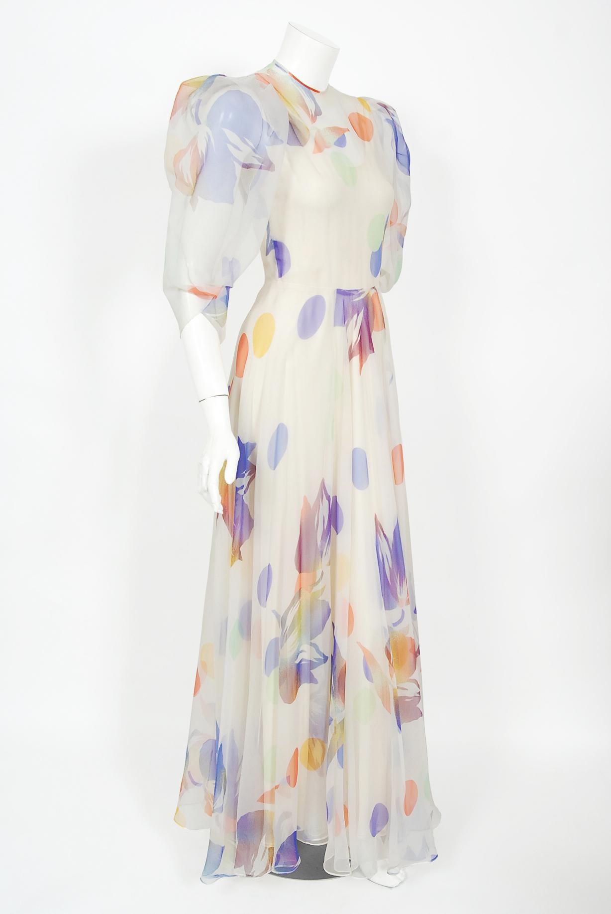 Vintage 1970's Stavropoulos Couture Colorful Floral Print Silk Puff-Sleeve Gown For Sale 1
