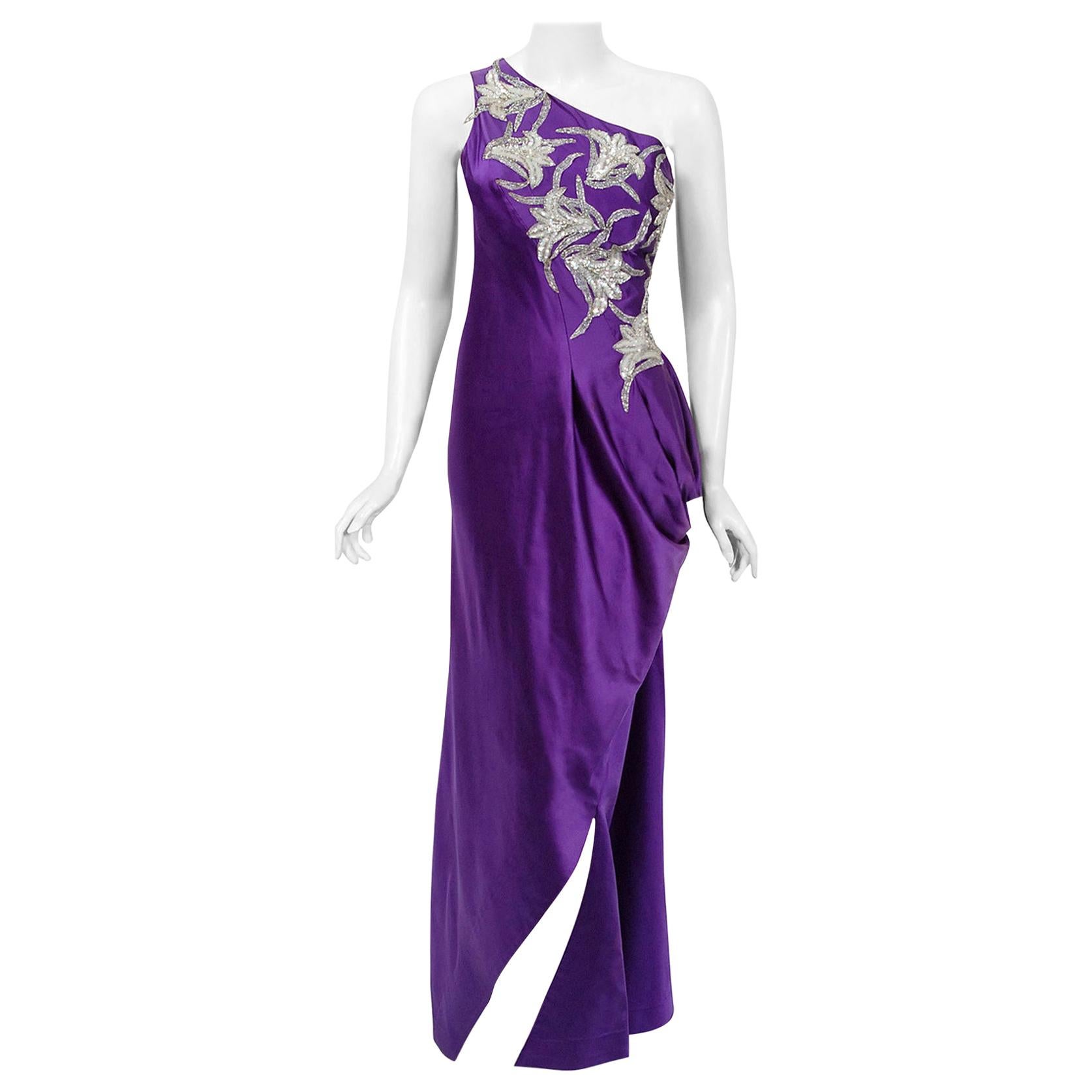 Vintage 1970s Stavropoulos Couture Purple Applique Silk One-Shoulder Fitted Gown