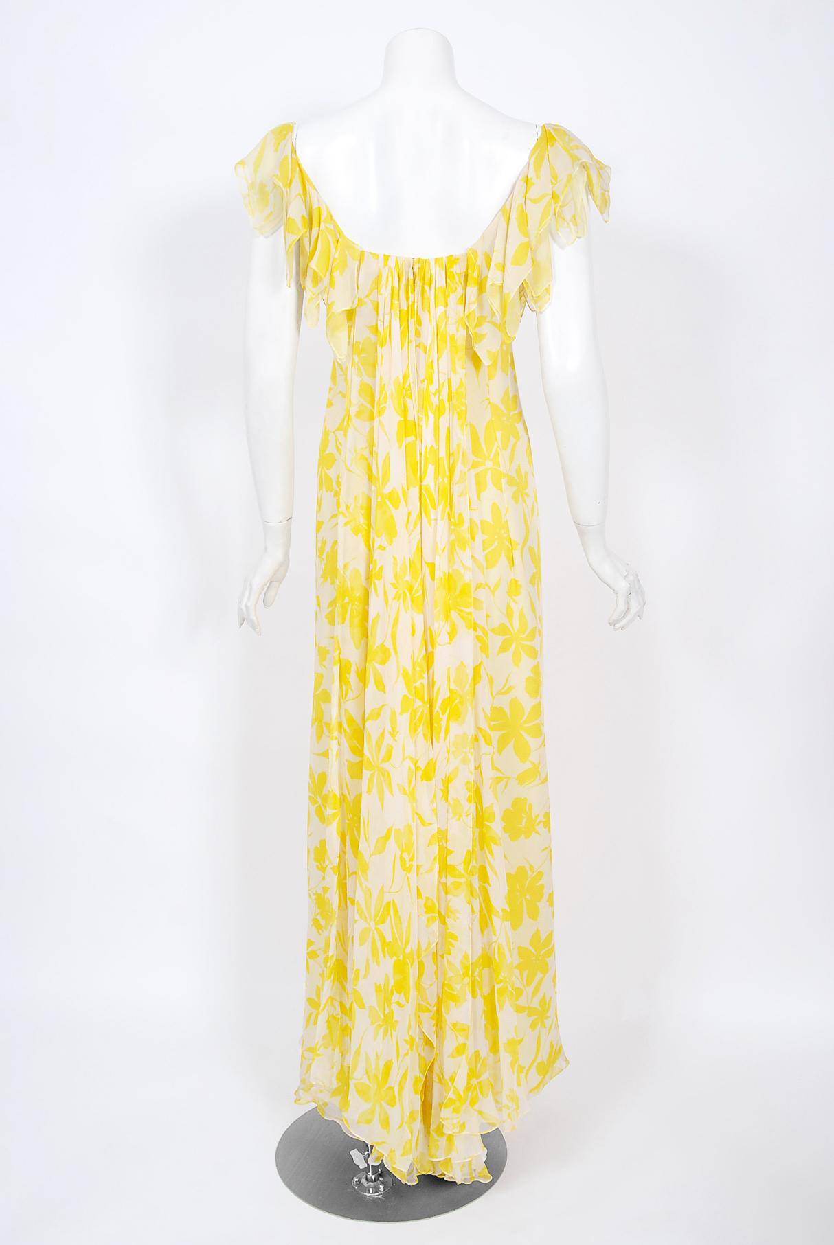 Vintage 1970's Stavropoulos Couture Yellow Floral Print Silk Chiffon Draped Gown 6