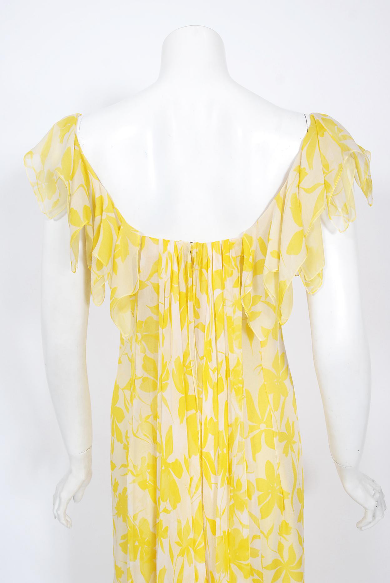 Vintage 1970's Stavropoulos Couture Yellow Floral Print Silk Chiffon Draped Gown 7