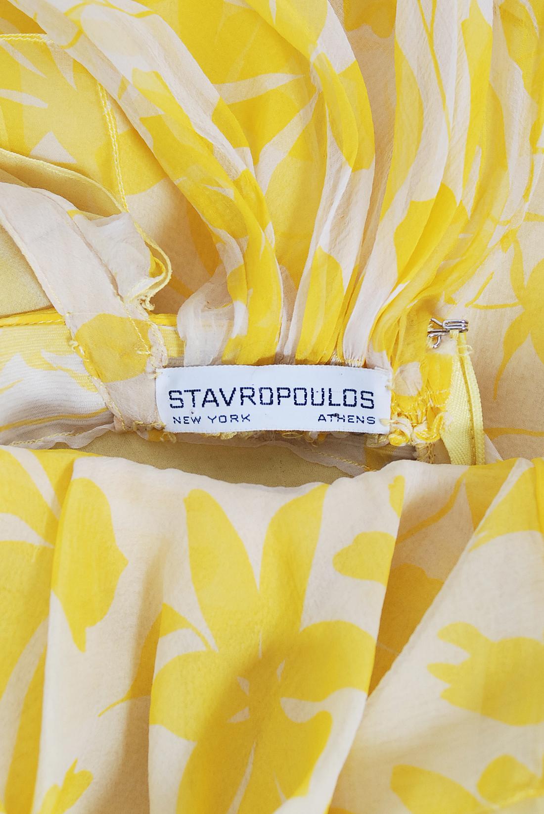 Vintage 1970's Stavropoulos Couture Yellow Floral Print Silk Chiffon Draped Gown 8