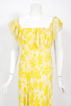 Vintage 1970's Stavropoulos Couture Yellow Floral Print Silk Chiffon Draped Gown