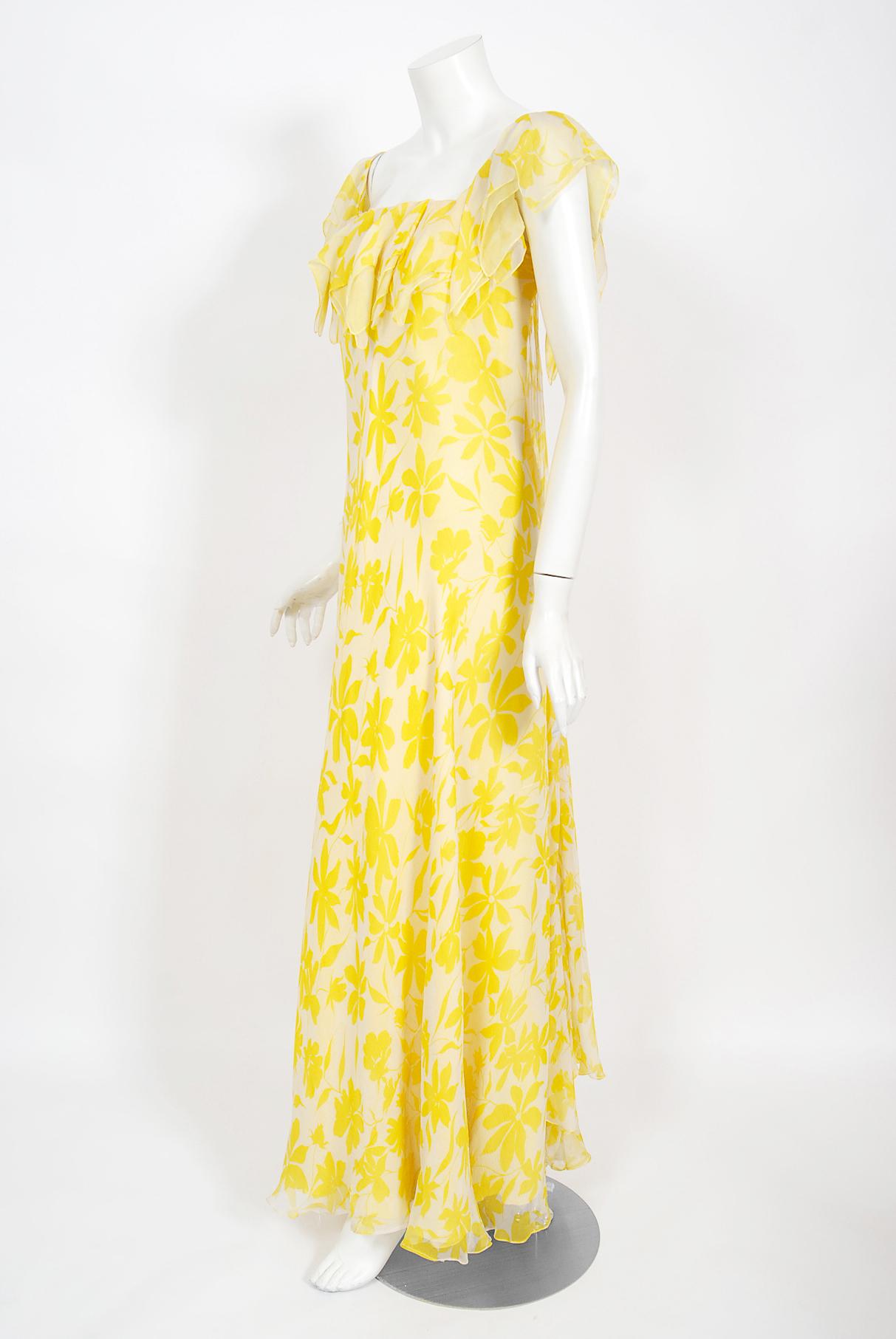 Vintage 1970's Stavropoulos Couture Yellow Floral Print Silk Chiffon Draped Gown In Good Condition In Beverly Hills, CA