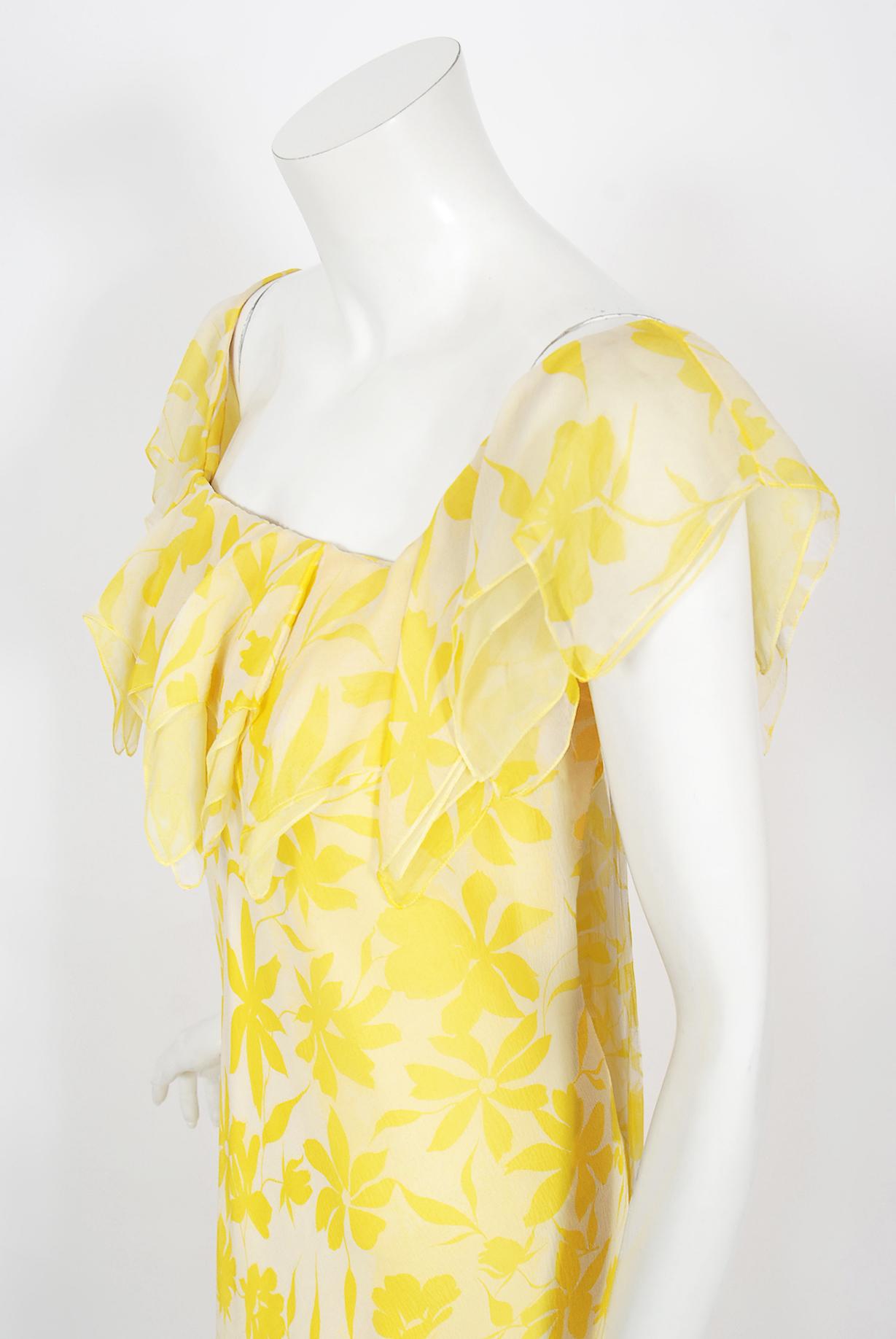 Women's Vintage 1970's Stavropoulos Couture Yellow Floral Print Silk Chiffon Draped Gown