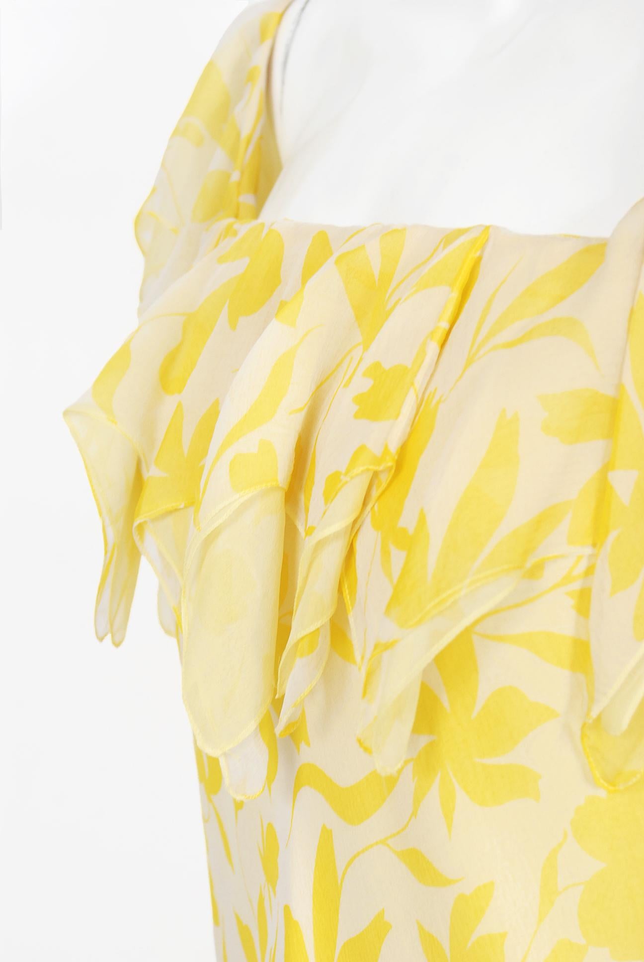 Vintage 1970's Stavropoulos Couture Yellow Floral Print Silk Chiffon Draped Gown 1