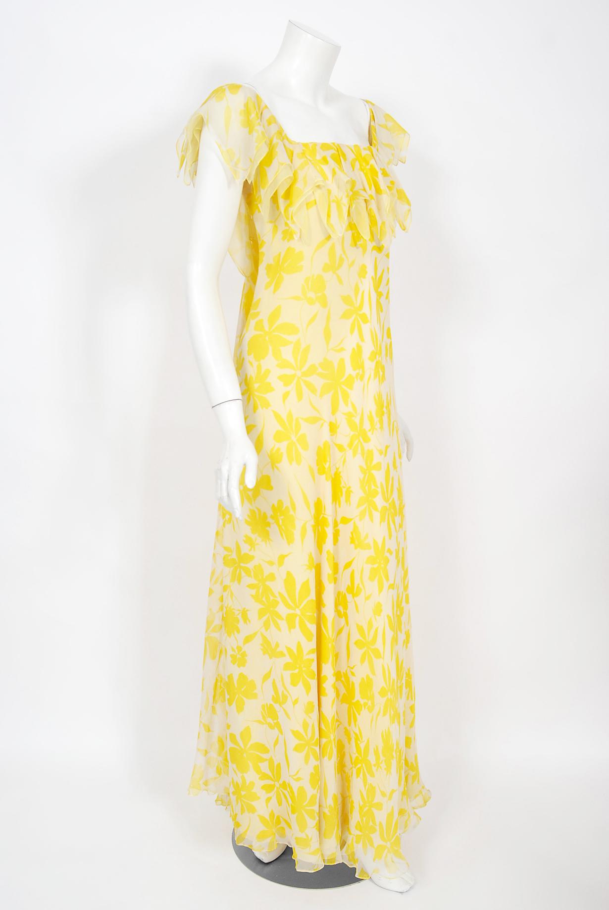 Vintage 1970's Stavropoulos Couture Yellow Floral Print Silk Chiffon Draped Gown 2