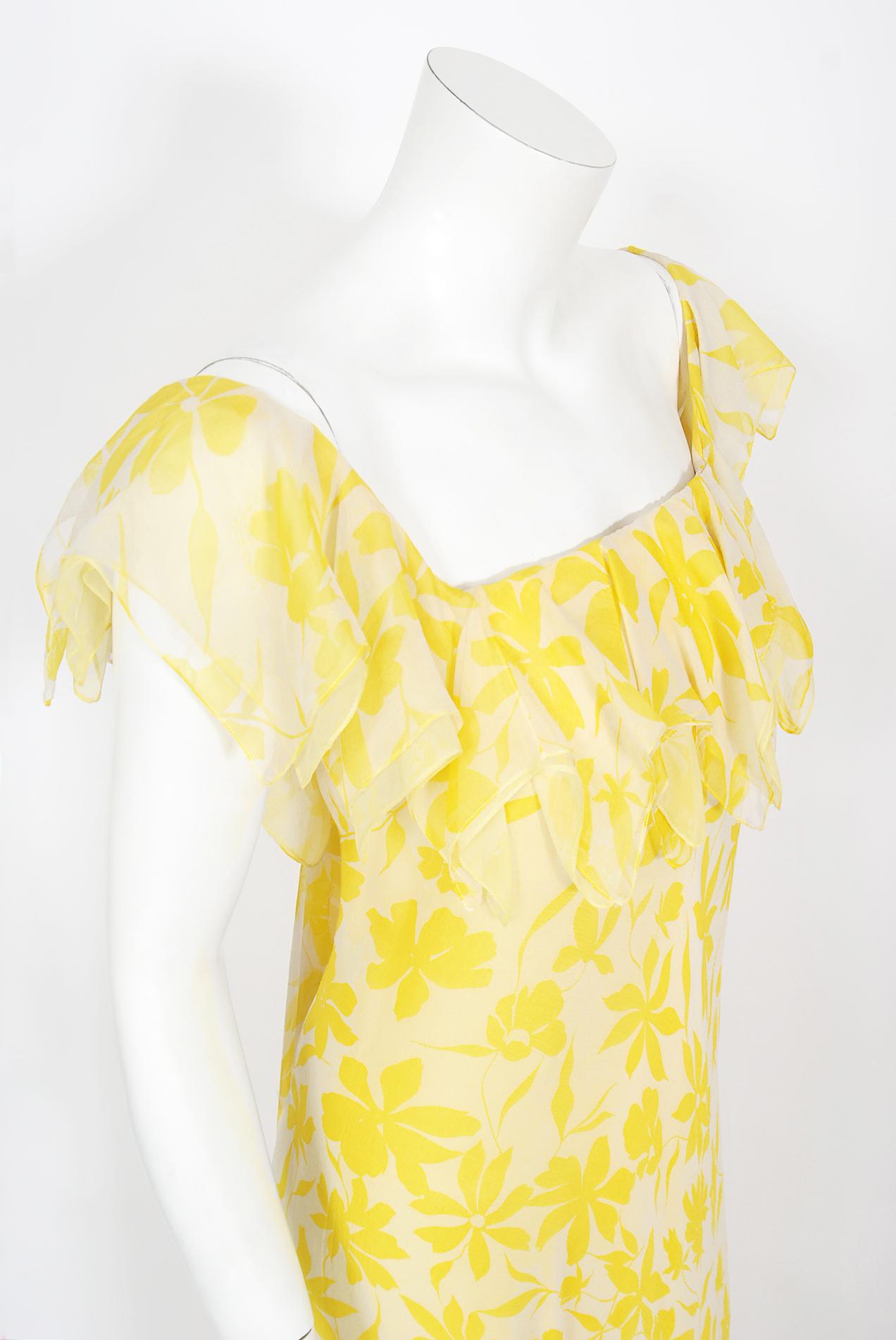 Vintage 1970's Stavropoulos Couture Yellow Floral Print Silk Chiffon Draped Gown 3