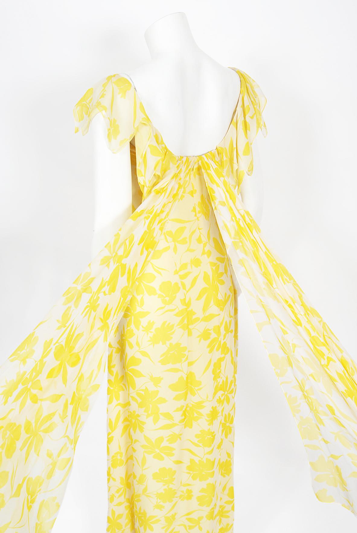 Vintage 1970's Stavropoulos Couture Yellow Floral Print Silk Chiffon Draped Gown 5
