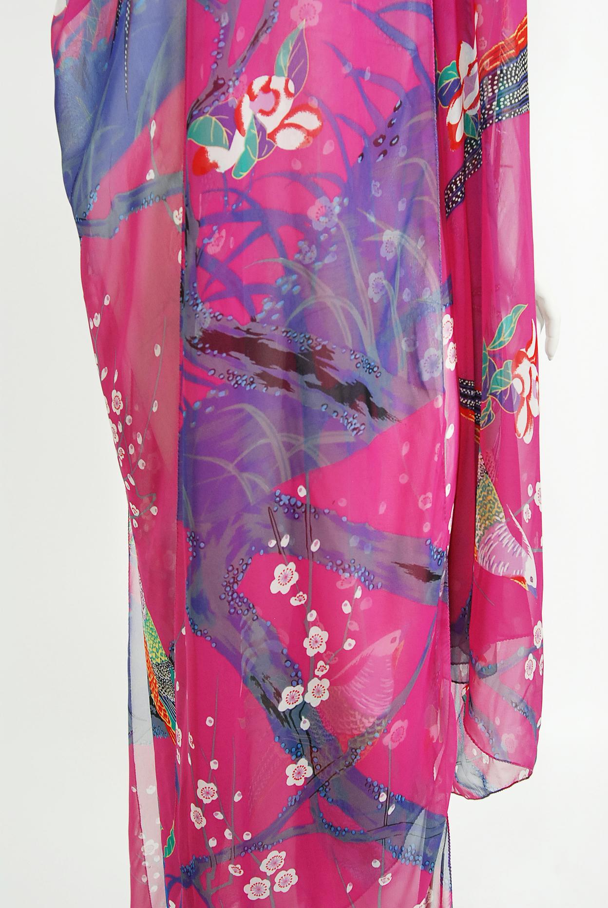 Vintage 1970's Stephen Burrows Bird Novelty Print Fuchsia Asymmetric Maxi Dress 4