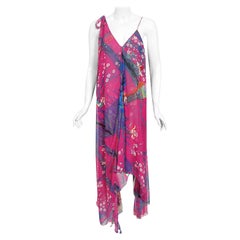 Vintage 1970's Stephen Burrows Bird Novelty Print Fuchsia Asymmetric Maxi Dress