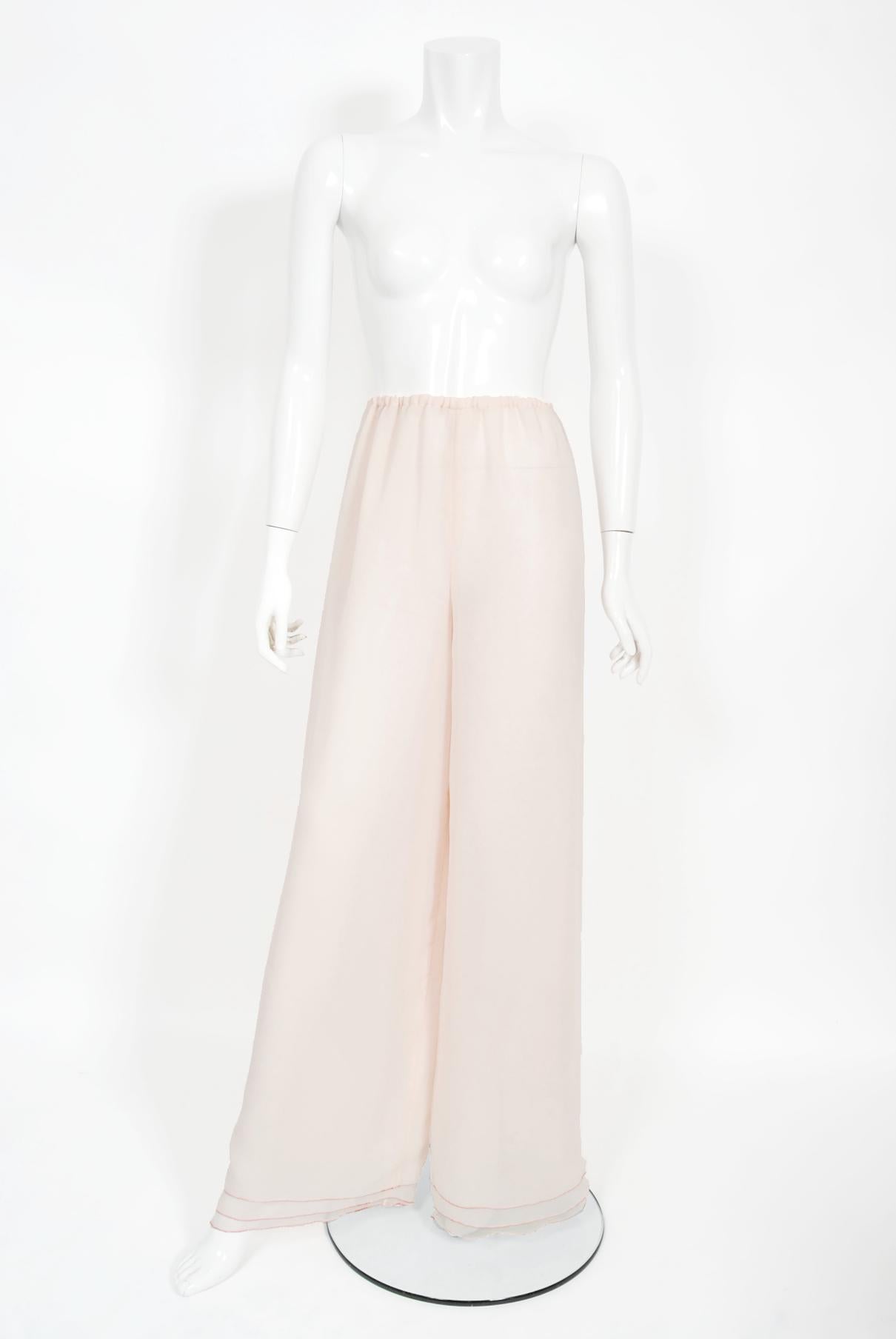 Vintage 1970's Stephen Burrows Pale-Pink Layered Chiffon Wrap Blouse Pantsuit For Sale 3