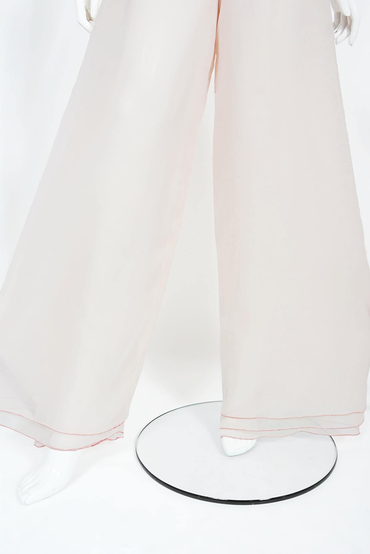 Vintage 1970's Stephen Burrows Pale-Pink Layered Chiffon Wrap Blouse Pantsuit For Sale 4