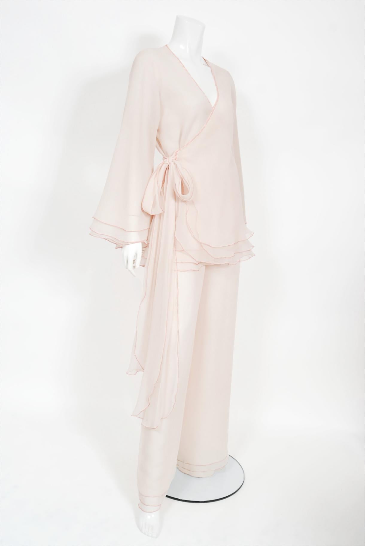 Incredibly gorgeous and rare Stephen Burrows pale pink chiffon pantsuit dating back to the mid 1970's. Burrows was one of the first African American fashion designers to achieve international recognition for his work. He was also one of the five