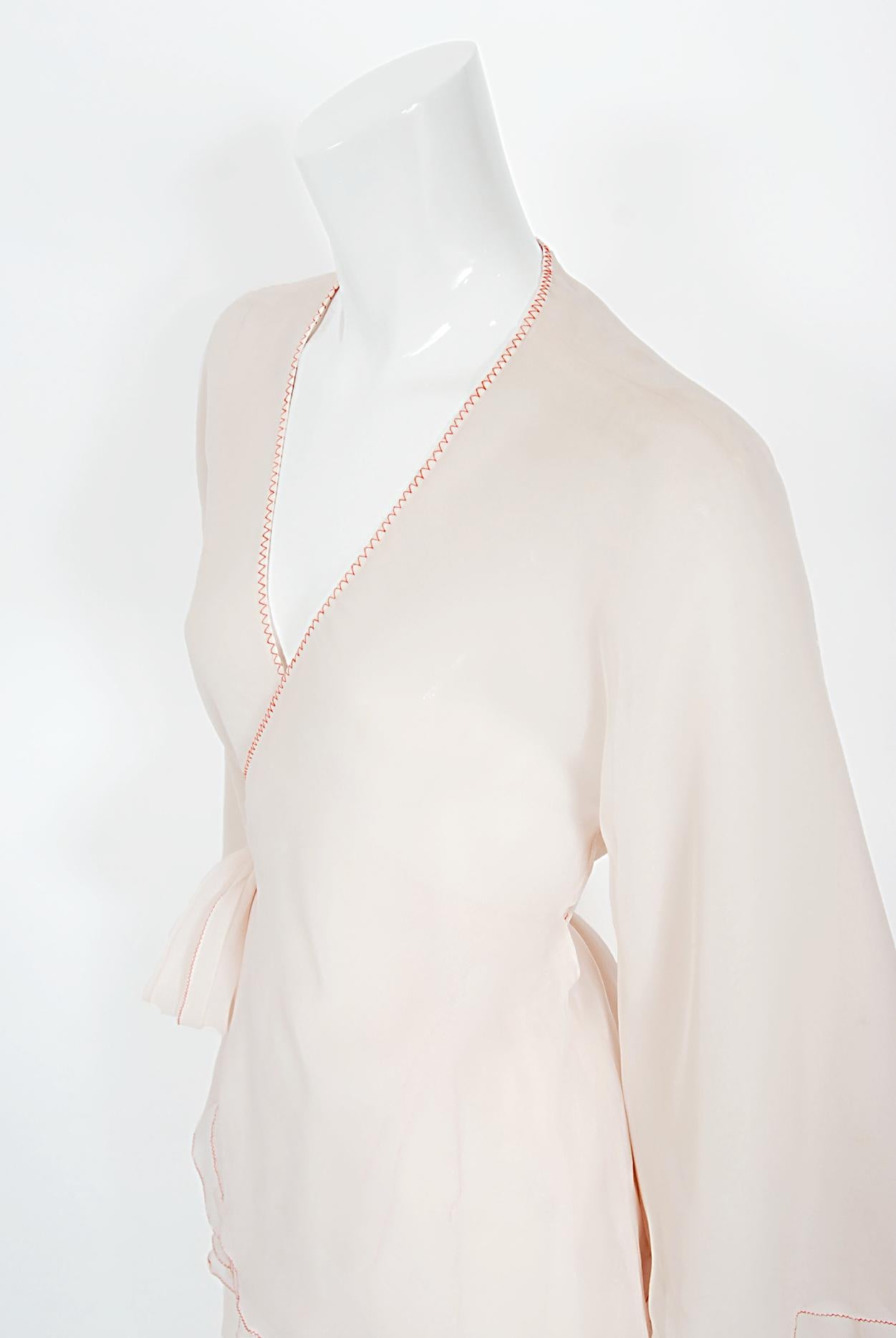 Vintage 1970's Stephen Burrows Pale-Pink Layered Chiffon Wrap Blouse Pantsuit In Good Condition For Sale In Beverly Hills, CA