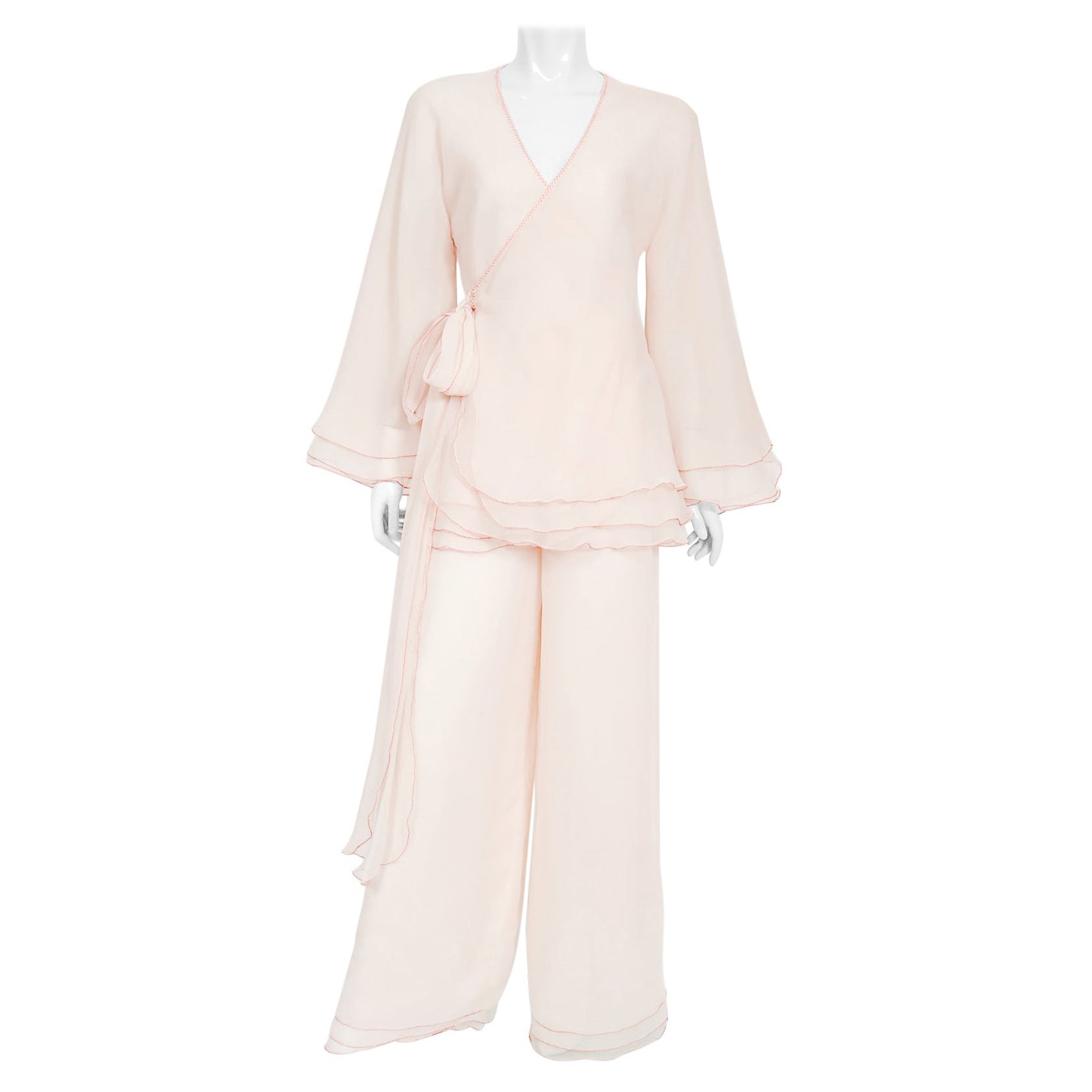 Vintage 1970's Stephen Burrows Pale-Pink Layered Chiffon Wrap Blouse Pantsuit