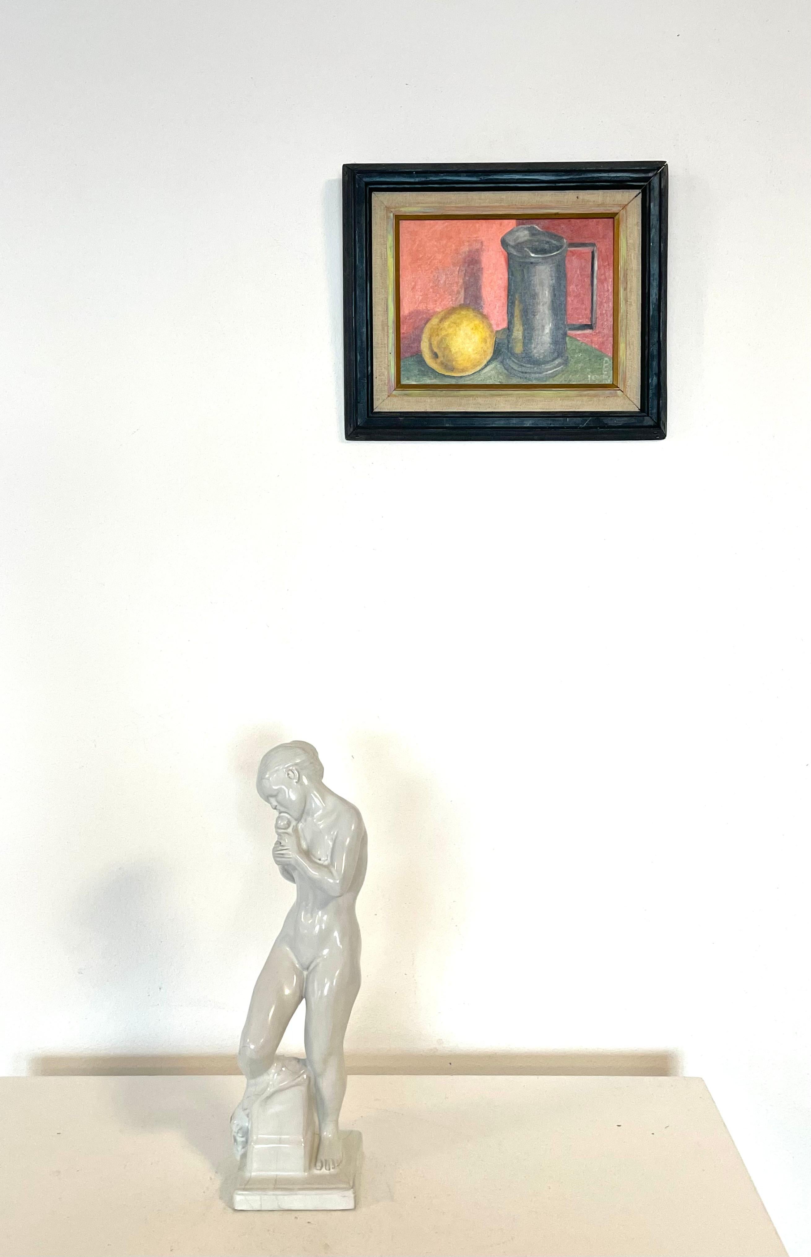 Vintage 1970er Jahre Stillleben Ölgemälde von Zitrone und Krug in Zinn (Skandinavische Moderne) im Angebot