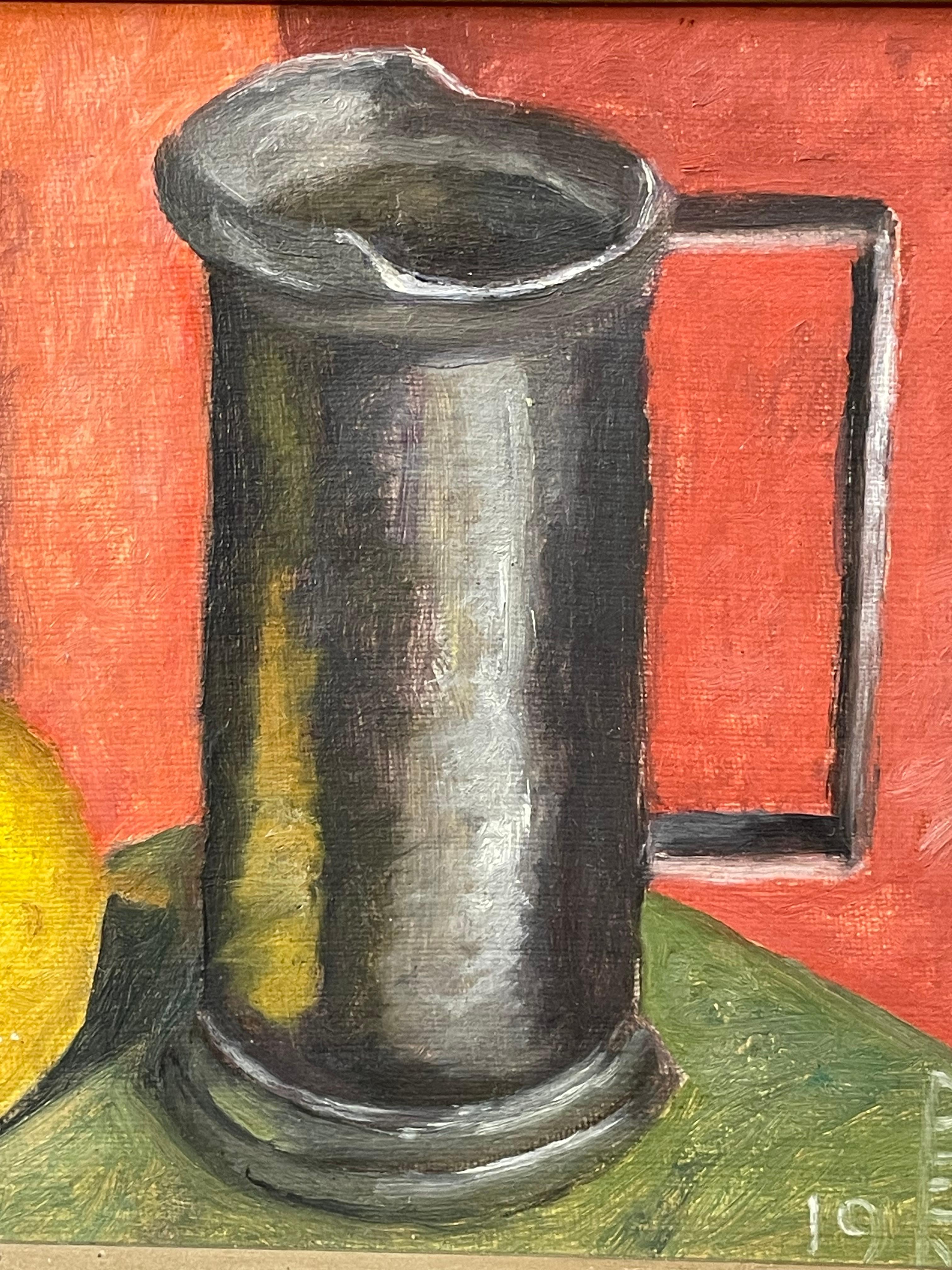 Vintage 1970er Jahre Stillleben Ölgemälde von Zitrone und Krug in Zinn (Gemalt) im Angebot