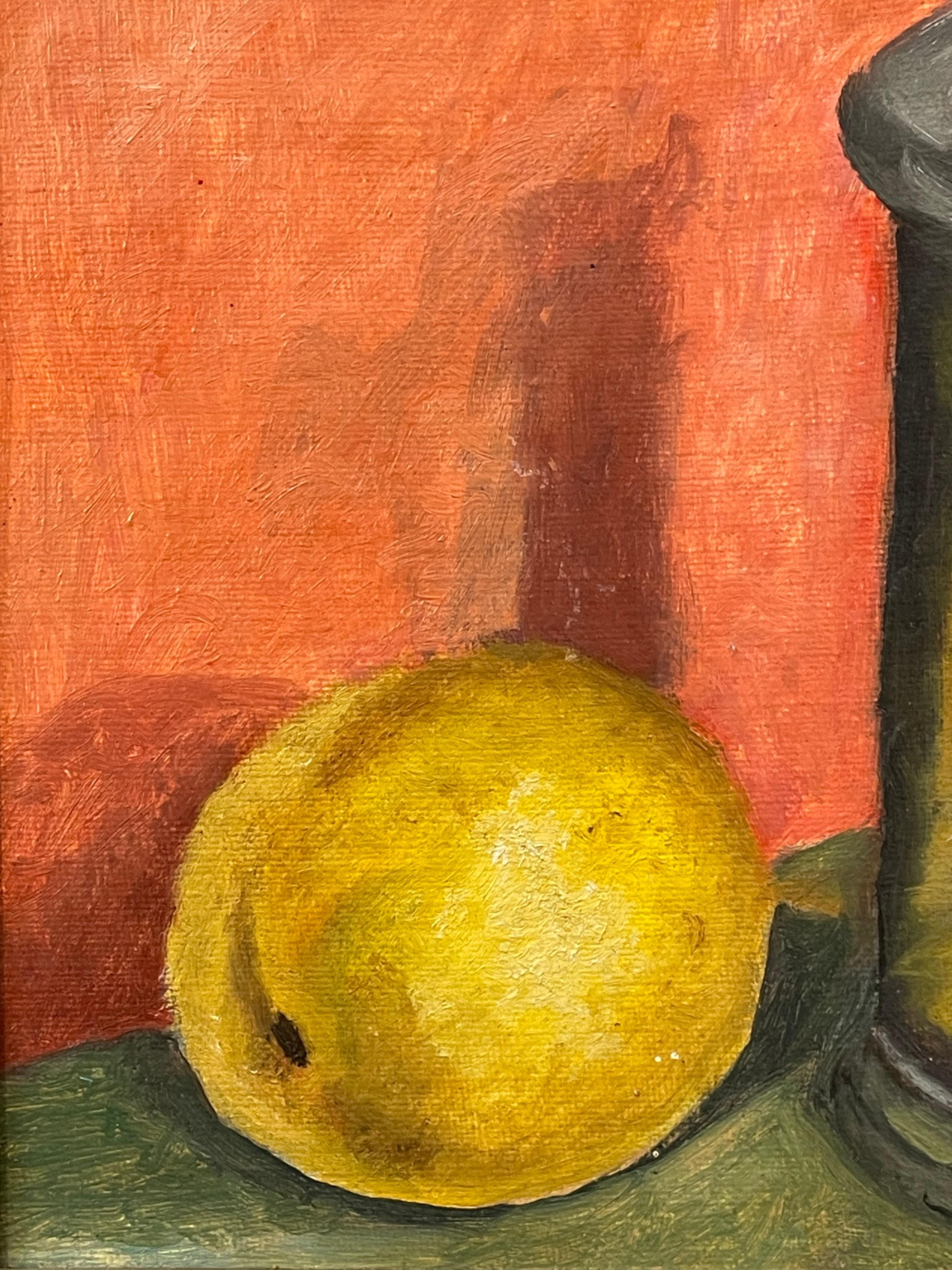 Vintage 1970er Jahre Stillleben Ölgemälde von Zitrone und Krug in Zinn (20. Jahrhundert) im Angebot