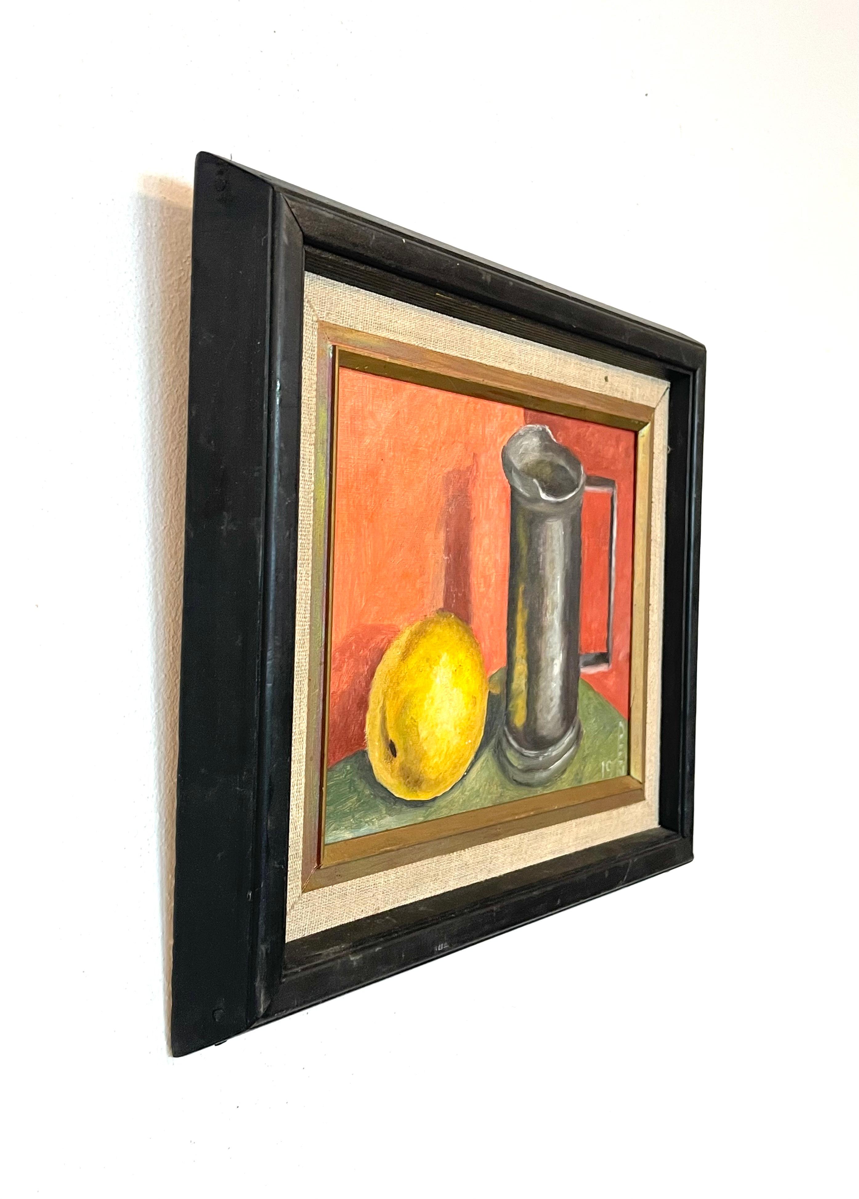 Vintage 1970er Jahre Stillleben Ölgemälde von Zitrone und Krug in Zinn im Angebot 1