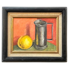 Vintage 1970s still life oil painting of lemon and pitcher in pewter