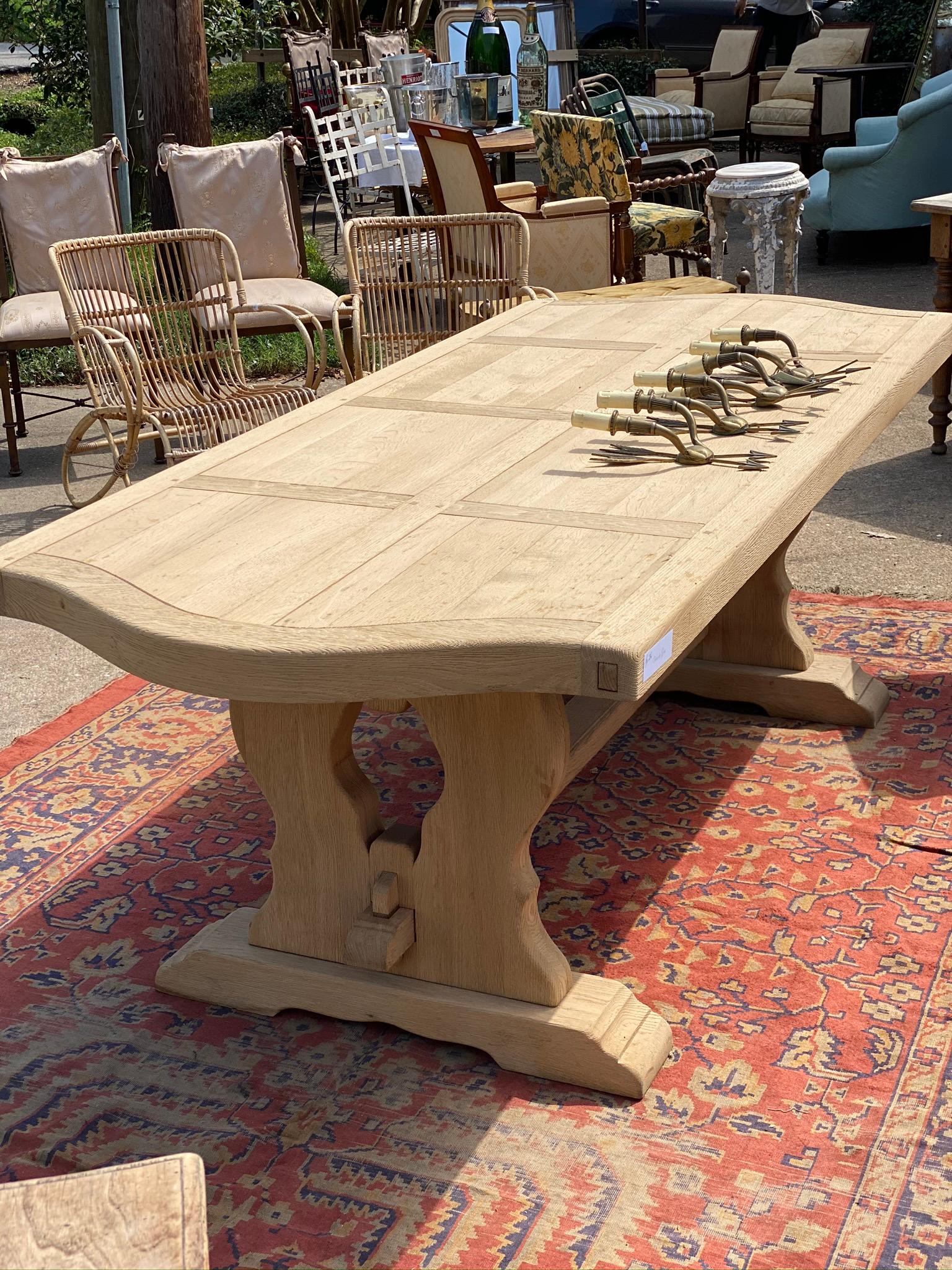 Vintage 1970s Stripped French Oak Dining Table with Trestle Base For Sale 13