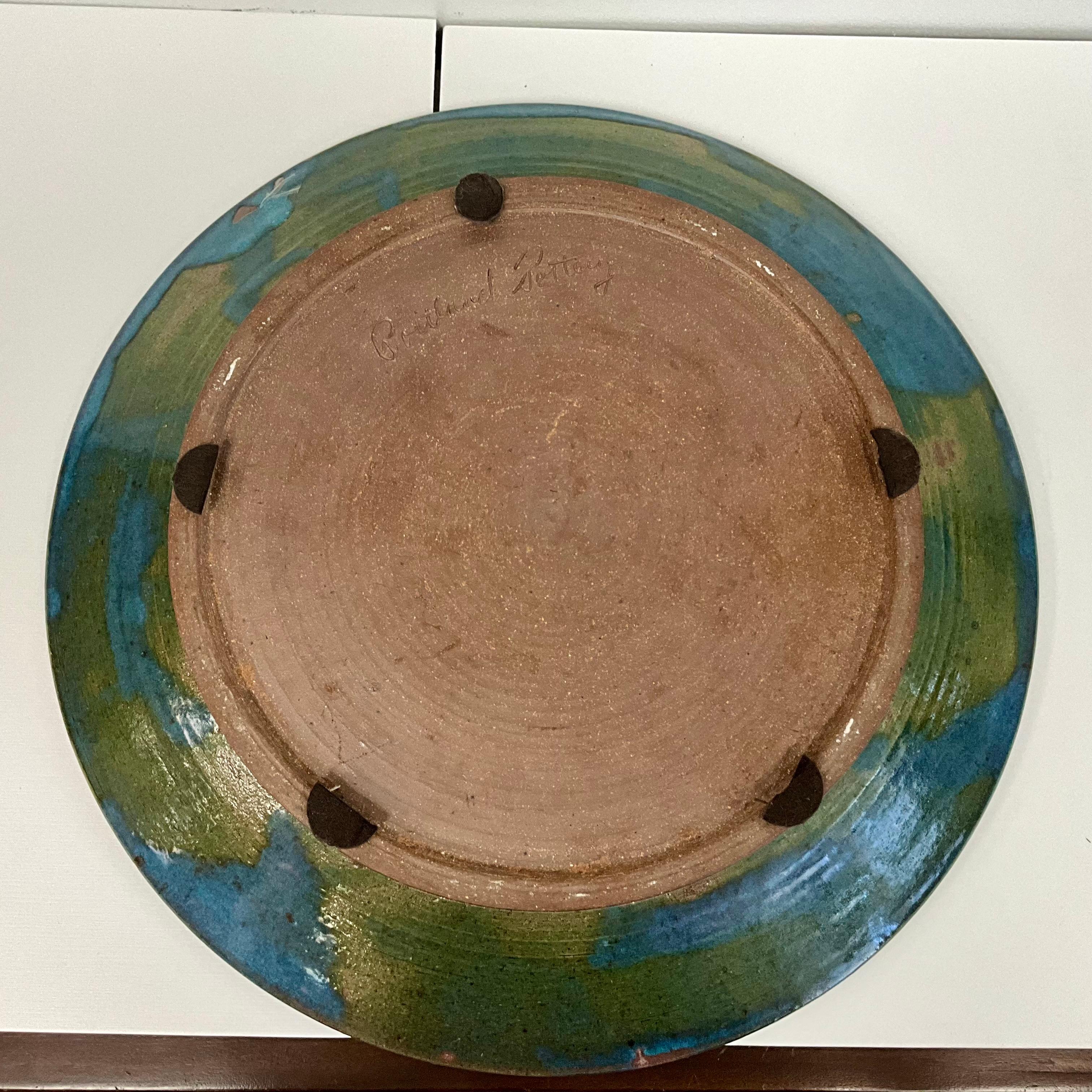 Mid-Century Modern Chargeur Vintage 1970 Studio Pottery - Signé Portland Pottery - Brown et Blu en vente
