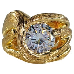 Anello di fidanzamento in oro giallo 14k con diamante rotondo in stile vintage anni '70 GIA 2,02ct