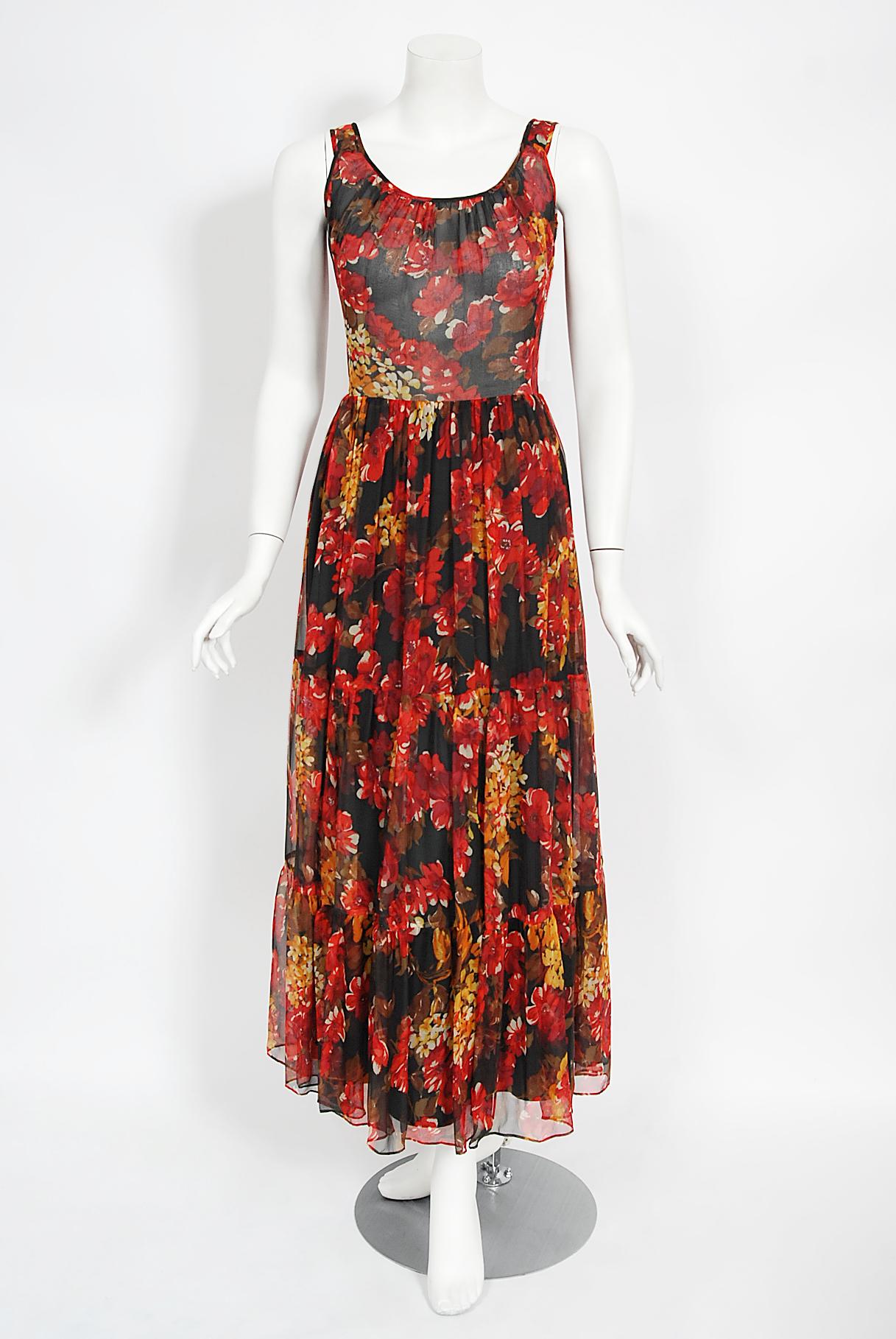 Vintage 1970's Sunset Floral Sheer Silk Chiffon Maxi Dress & Tie-Neck Jacket  For Sale 6