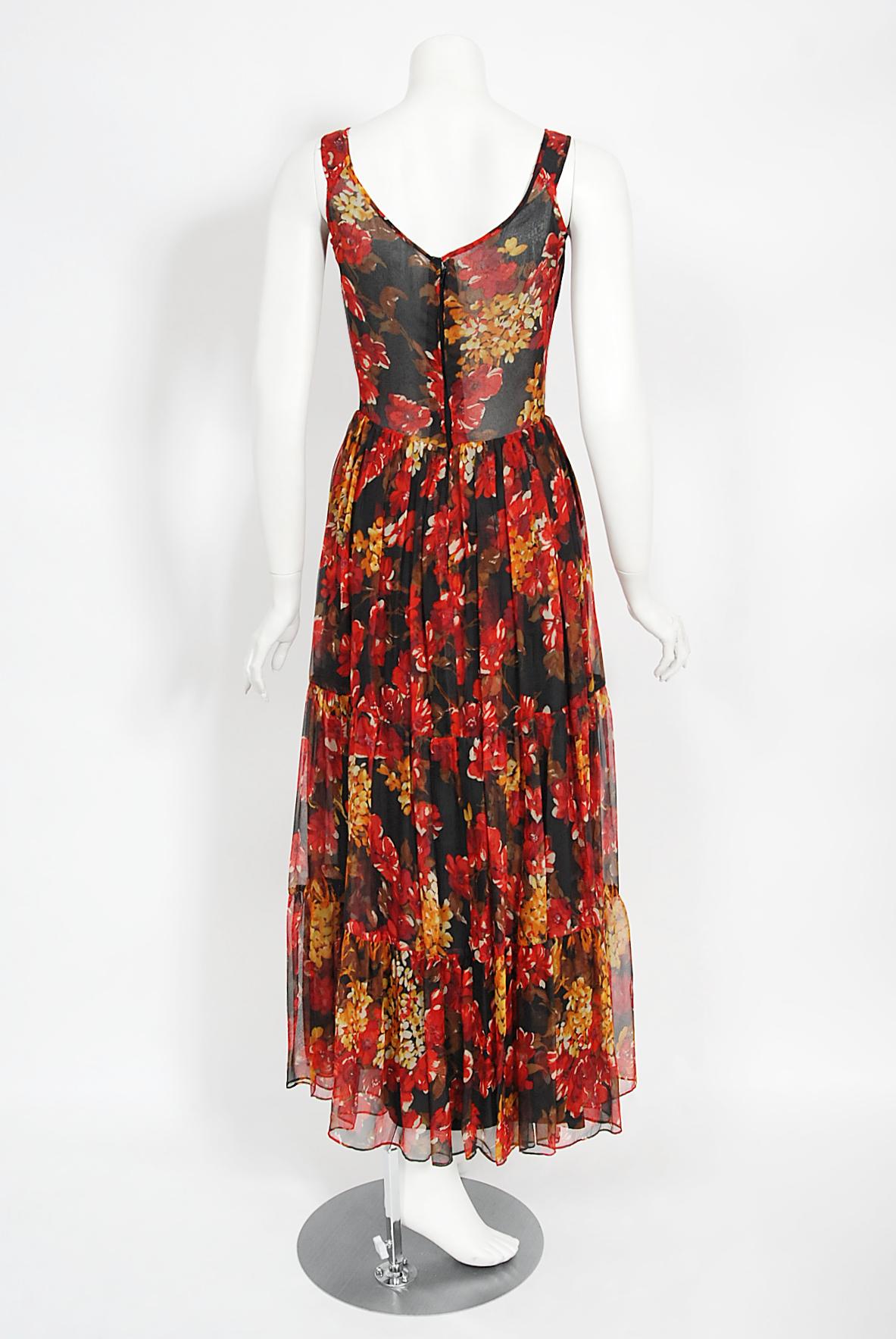 Vintage 1970's Sunset Floral Sheer Silk Chiffon Maxi Dress & Tie-Neck Jacket  For Sale 7