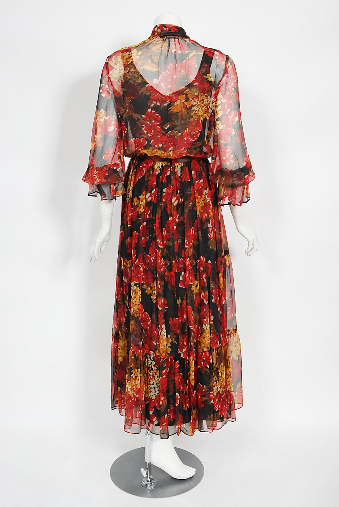 Vintage 1970's Sunset Floral Sheer Silk Chiffon Maxi Dress & Tie-Neck Jacket  For Sale 8