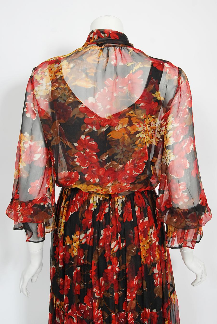 Vintage 1970's Sunset Floral Sheer Silk Chiffon Maxi Dress & Tie-Neck Jacket  For Sale 9