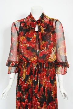 Vintage 1970's Sunset Floral Sheer Silk Chiffon Maxi Dress & Tie-Neck Jacket