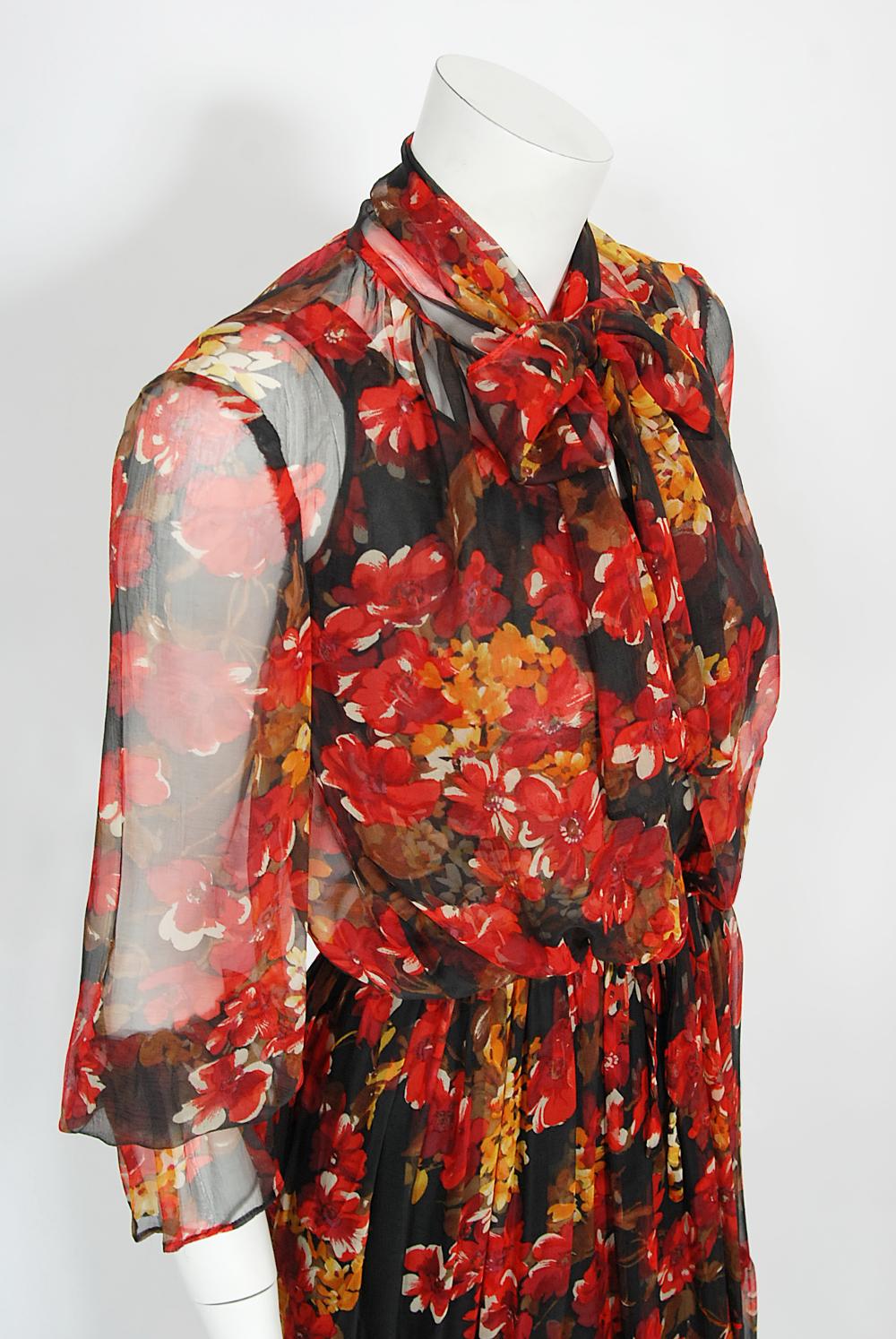 Vintage 1970's Sunset Floral Sheer Silk Chiffon Maxi Dress & Tie-Neck Jacket  In Good Condition For Sale In Beverly Hills, CA