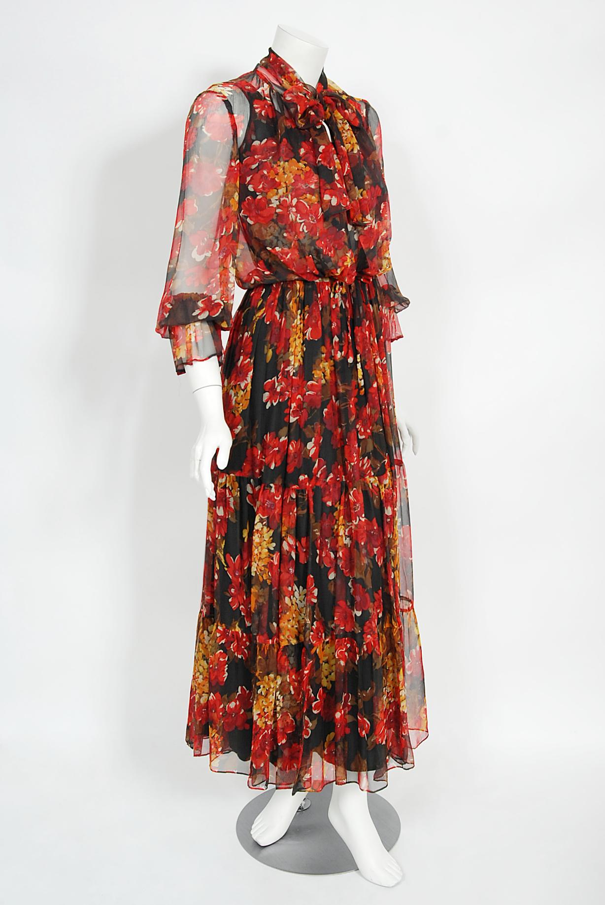 Women's Vintage 1970's Sunset Floral Sheer Silk Chiffon Maxi Dress & Tie-Neck Jacket  For Sale