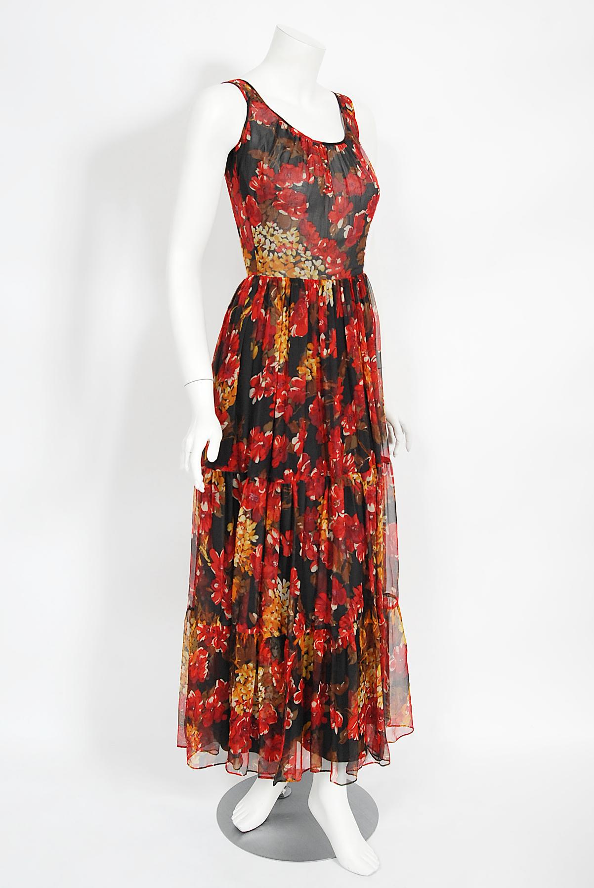 Vintage 1970's Sunset Floral Sheer Silk Chiffon Maxi Dress & Tie-Neck Jacket  For Sale 1