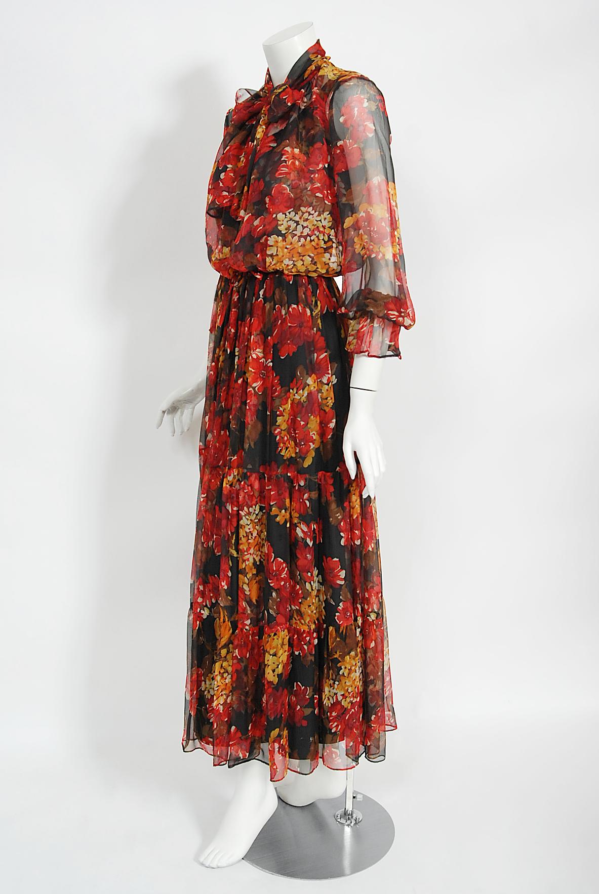 Vintage 1970's Sunset Floral Sheer Silk Chiffon Maxi Dress & Tie-Neck Jacket  For Sale 4