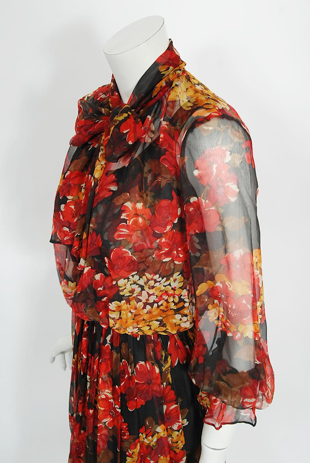Vintage 1970's Sunset Floral Sheer Silk Chiffon Maxi Dress & Tie-Neck Jacket  For Sale 5