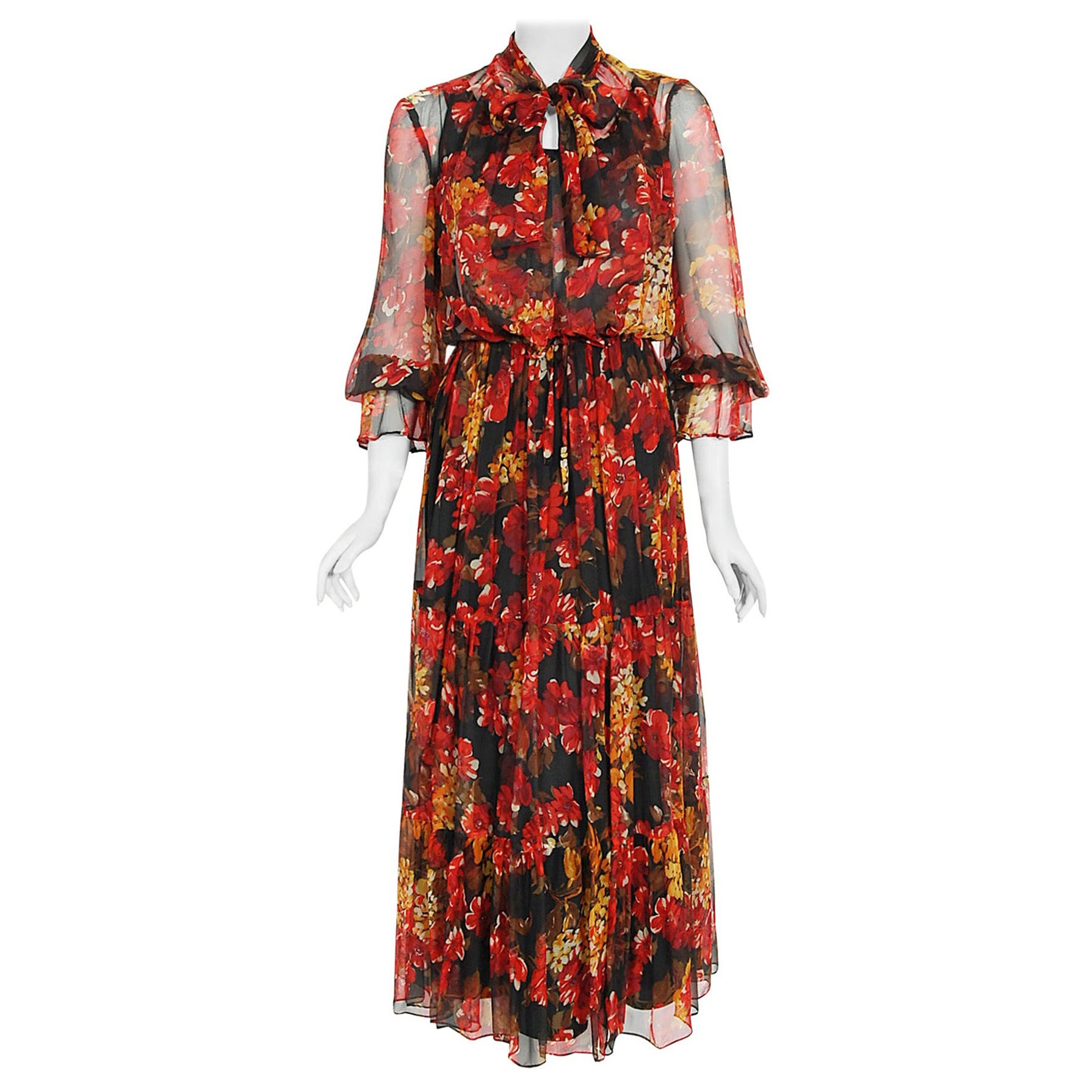 Vintage 1970's Sunset Floral Sheer Silk Chiffon Maxi Dress & Tie-Neck Jacket For Sale