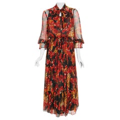 Vintage 1970's Sunset Floral Sheer Silk Chiffon Maxi Dress & Tie-Neck Jacket