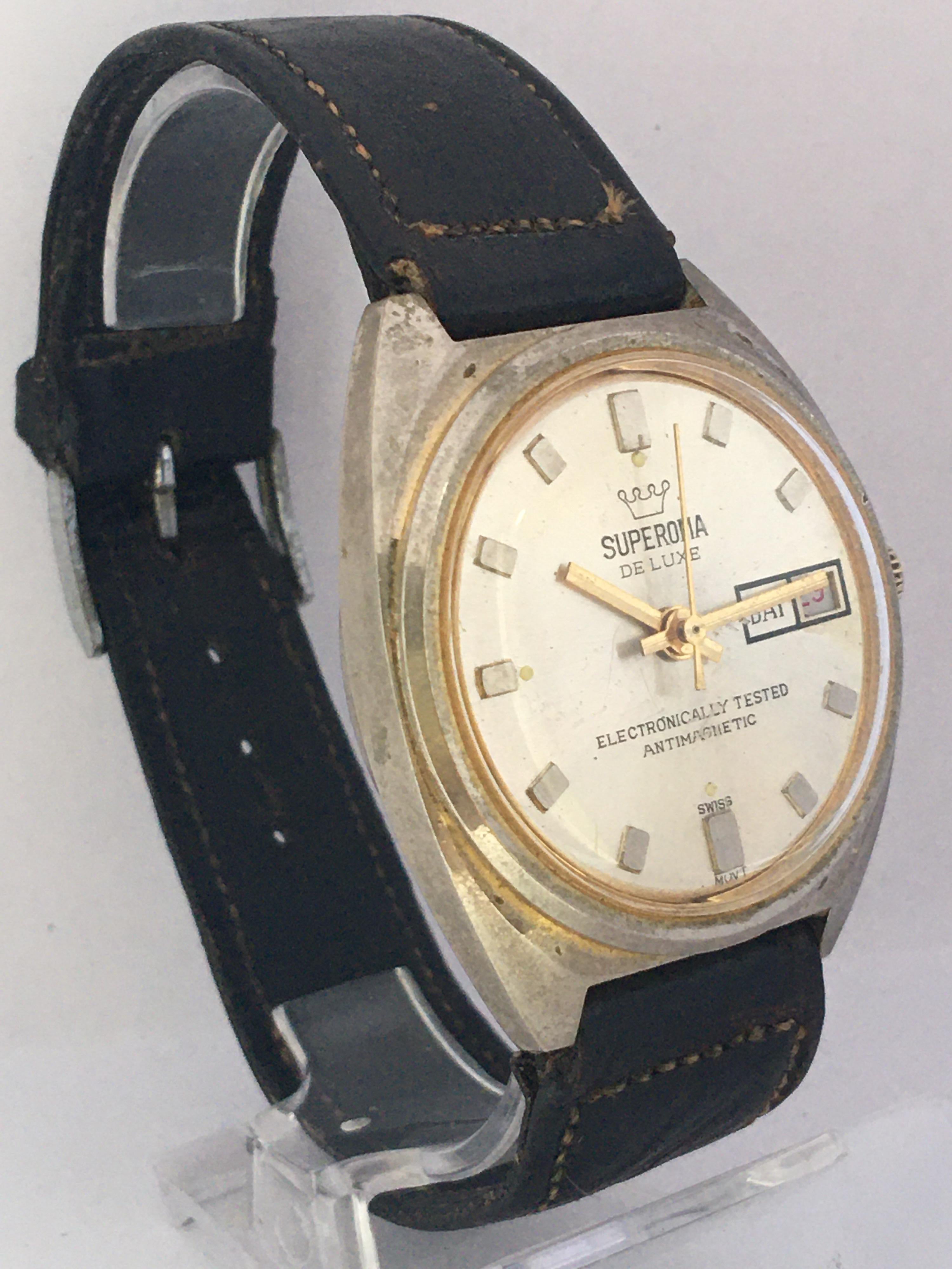 This pre-owed vintage hand winding watch is in good working condition and it is ticking well. The gold plated case is tarnished as shown. Some light and small scratches on the glass and on the watch case as shown. 

Please study the images carefully