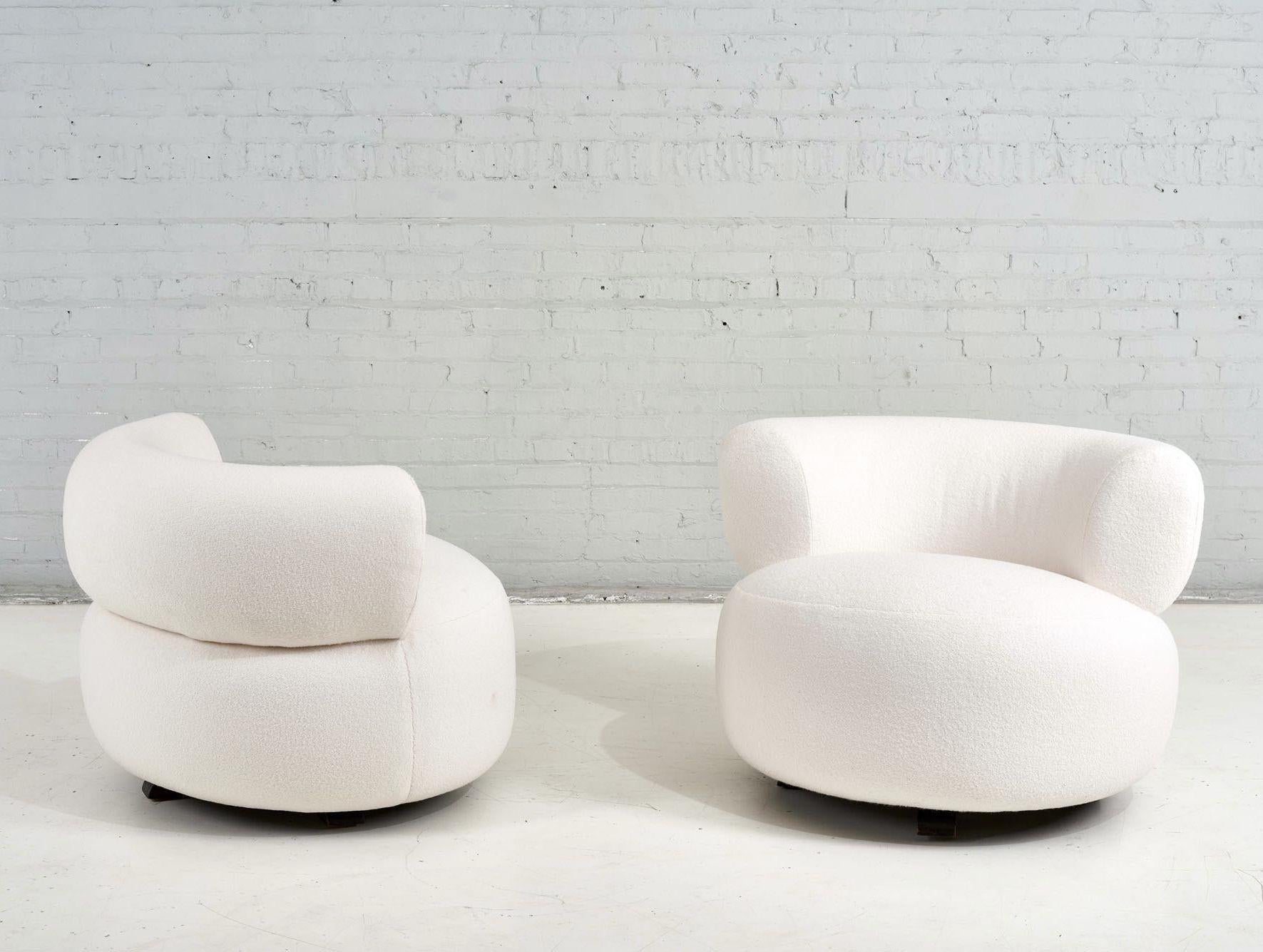 Vintage 1970's Swivel Pouf lounge chairs in white boucle.