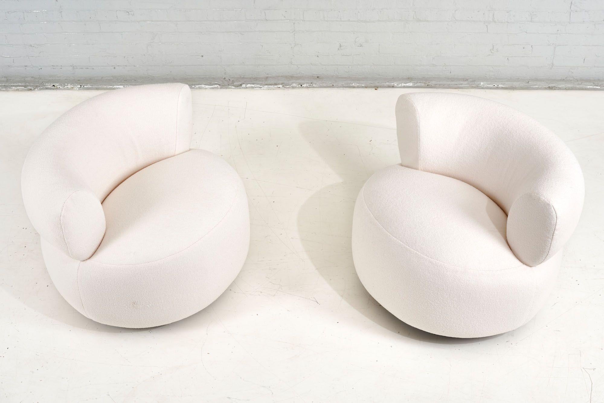 American Vintage 1970's Swivel Pouf Lounge Chairs in White Boucle