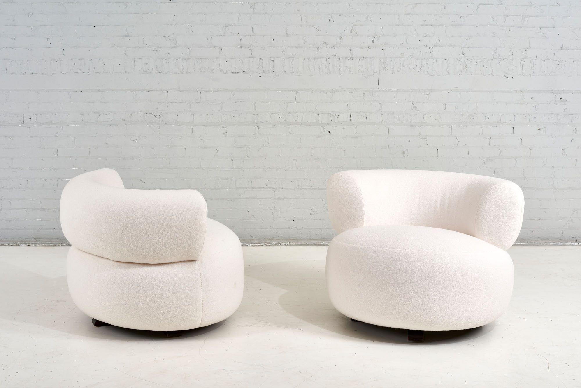 Late 20th Century Vintage 1970's Swivel Pouf Lounge Chairs in White Boucle