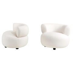 Vintage 1970's Swivel Pouf Lounge Chairs in White Boucle