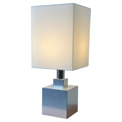 Vintage 1970er Tischlampe - Geometrisches Design - gebürstetes Metall - restaurierter Lampenschirm