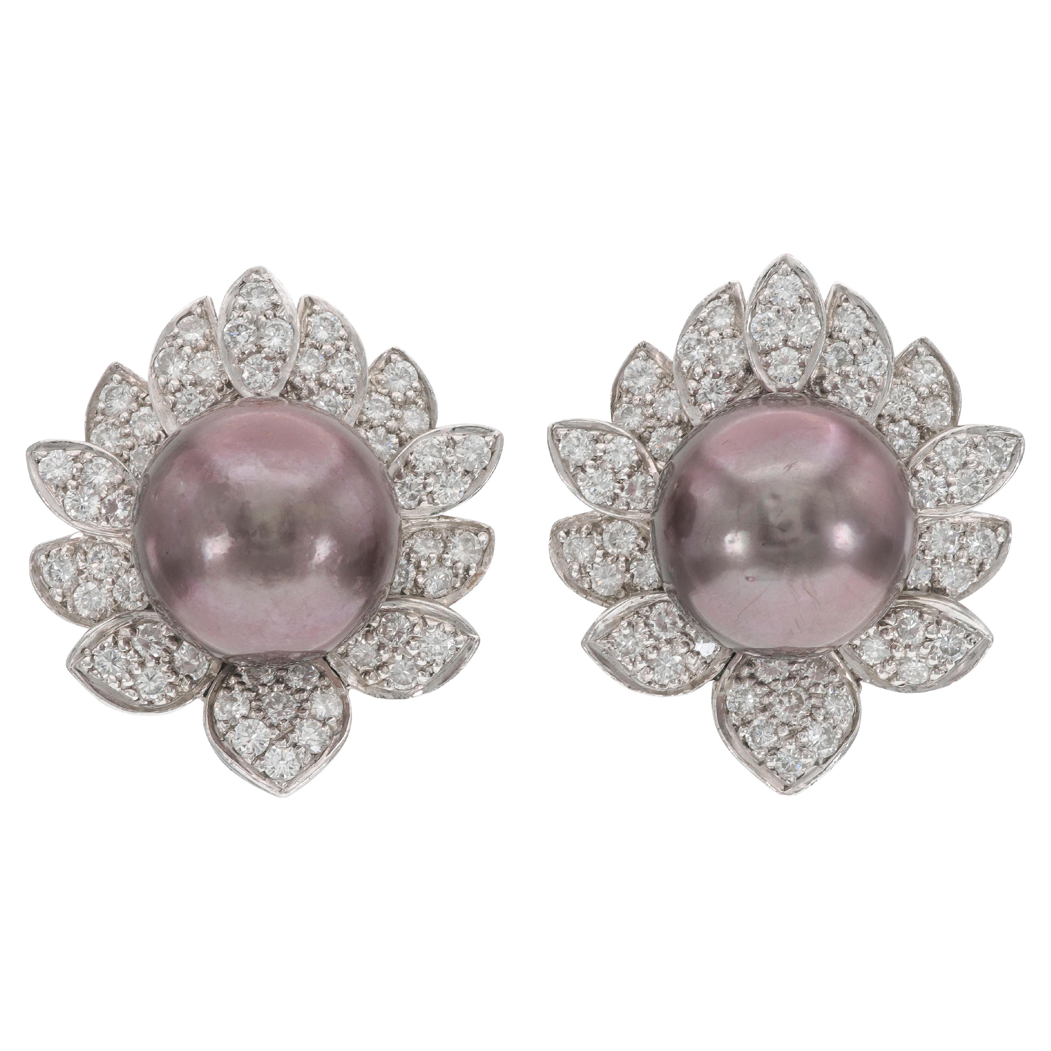 Vintage 1970s Tahitian Pearl Earrings with Diamonds For Sale