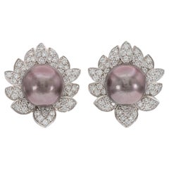 Vintage 1970s Tahitian Pearl Earrings with Diamonds